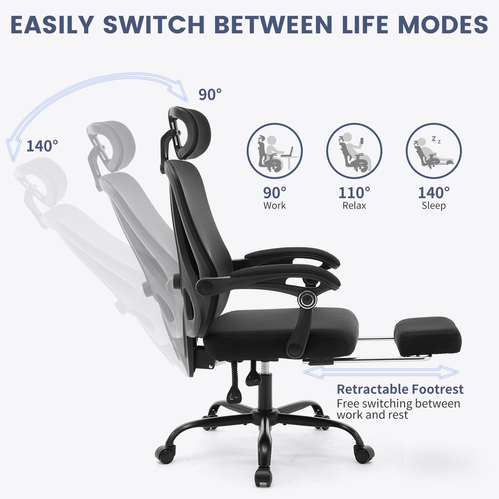Ergonomic Office Chair with Adjustable Lumbar Support & Footrest - High Back Mesh Computer Chair with Headrest, 360° Swivel Executive Task Chair (Black) - Perfect for Home Office, Gaming & Workspaces