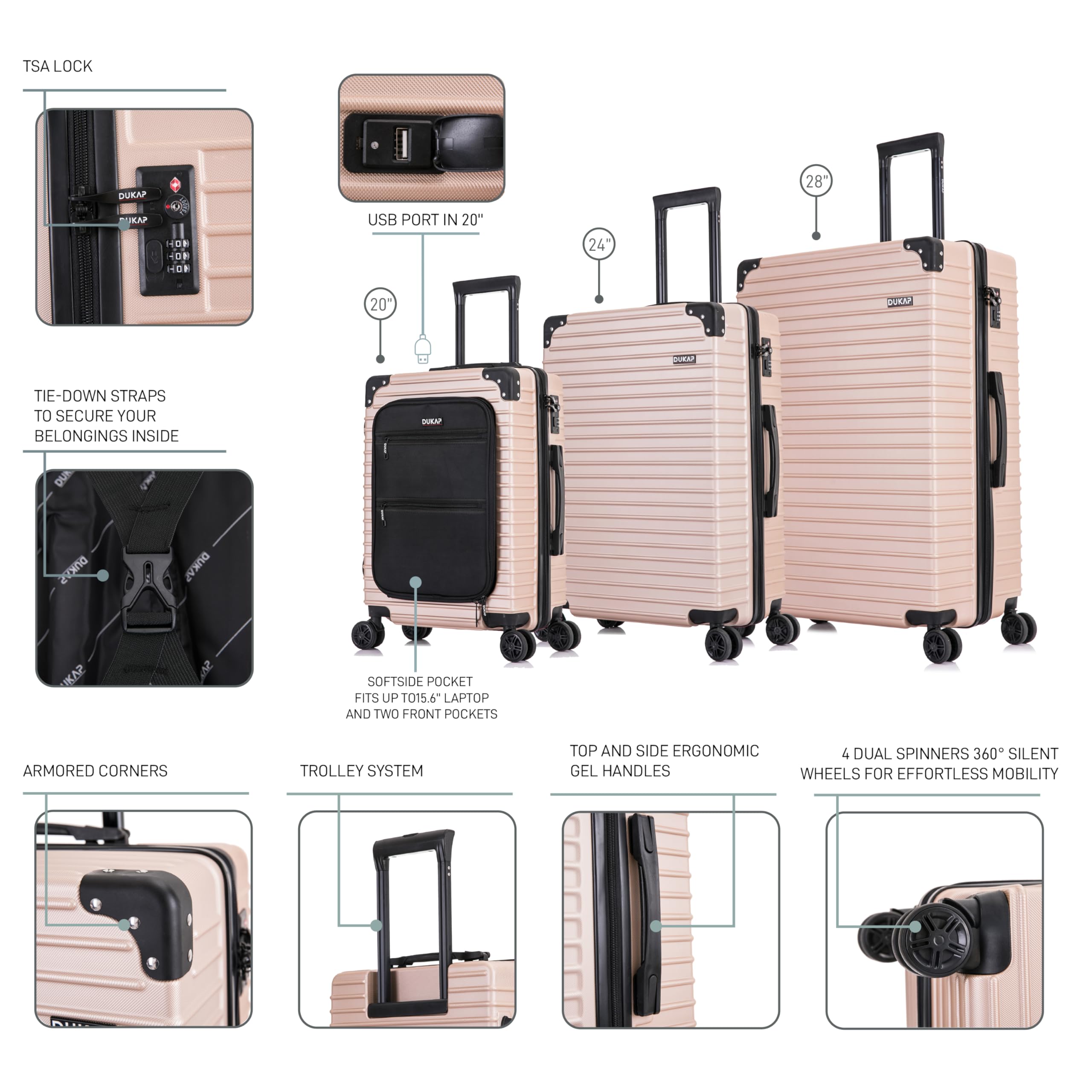 DUKAP TOUR Hardside Luggage Set with 360° Spinner Wheels | TSA Lock & Ergonomic GEL Handle Suitcases (20/24/28 Inch 3-Piece Set) | Lightweight Durable Travel Luggage for Airplane, Business Trips & Family Vacations | Champagne