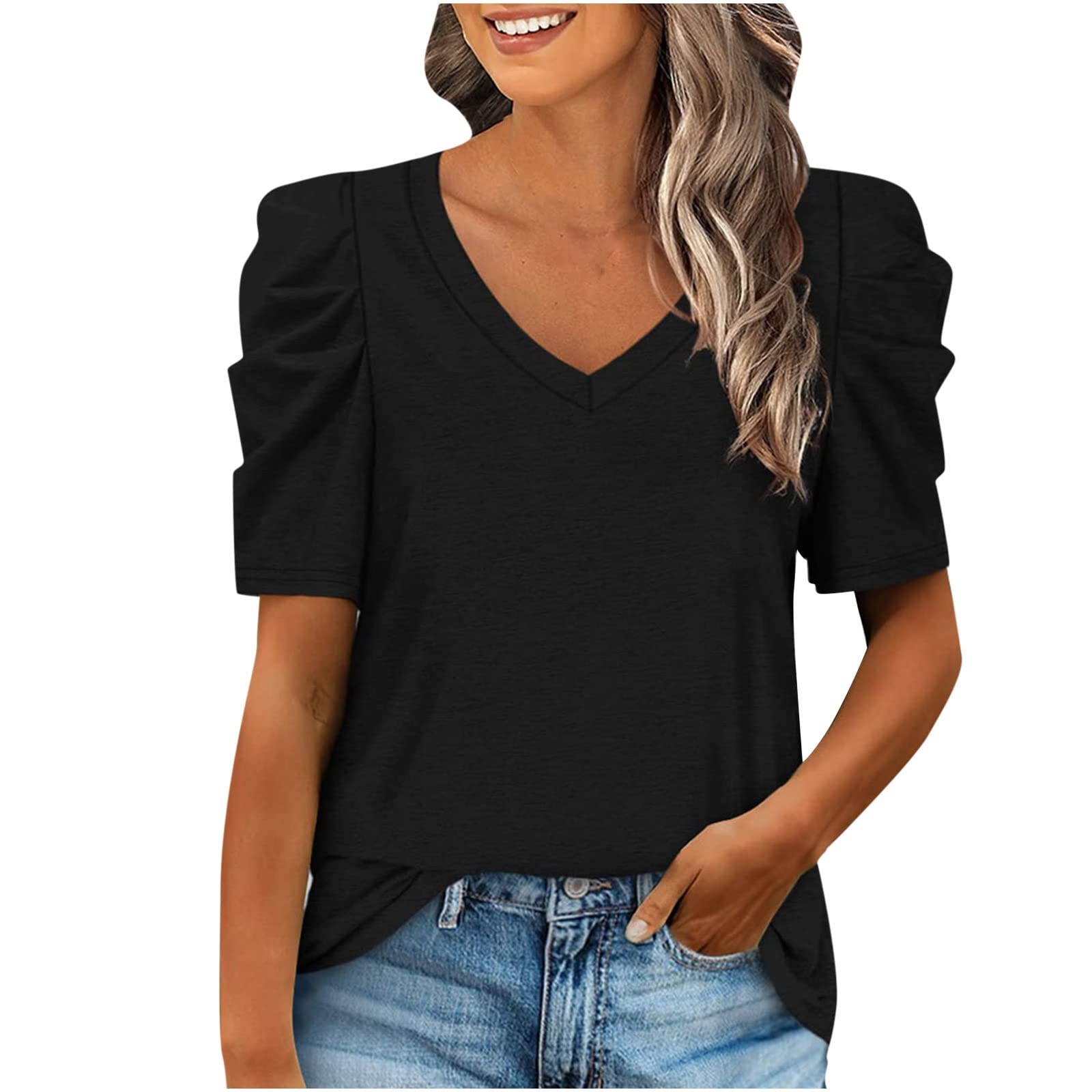 2022 Summer Women's Casual Short Sleeve T-Shirt with Ruffle Puff Sleeves - Loose Fit Blouse for Everyday Wear, Office & Date Night Outfits