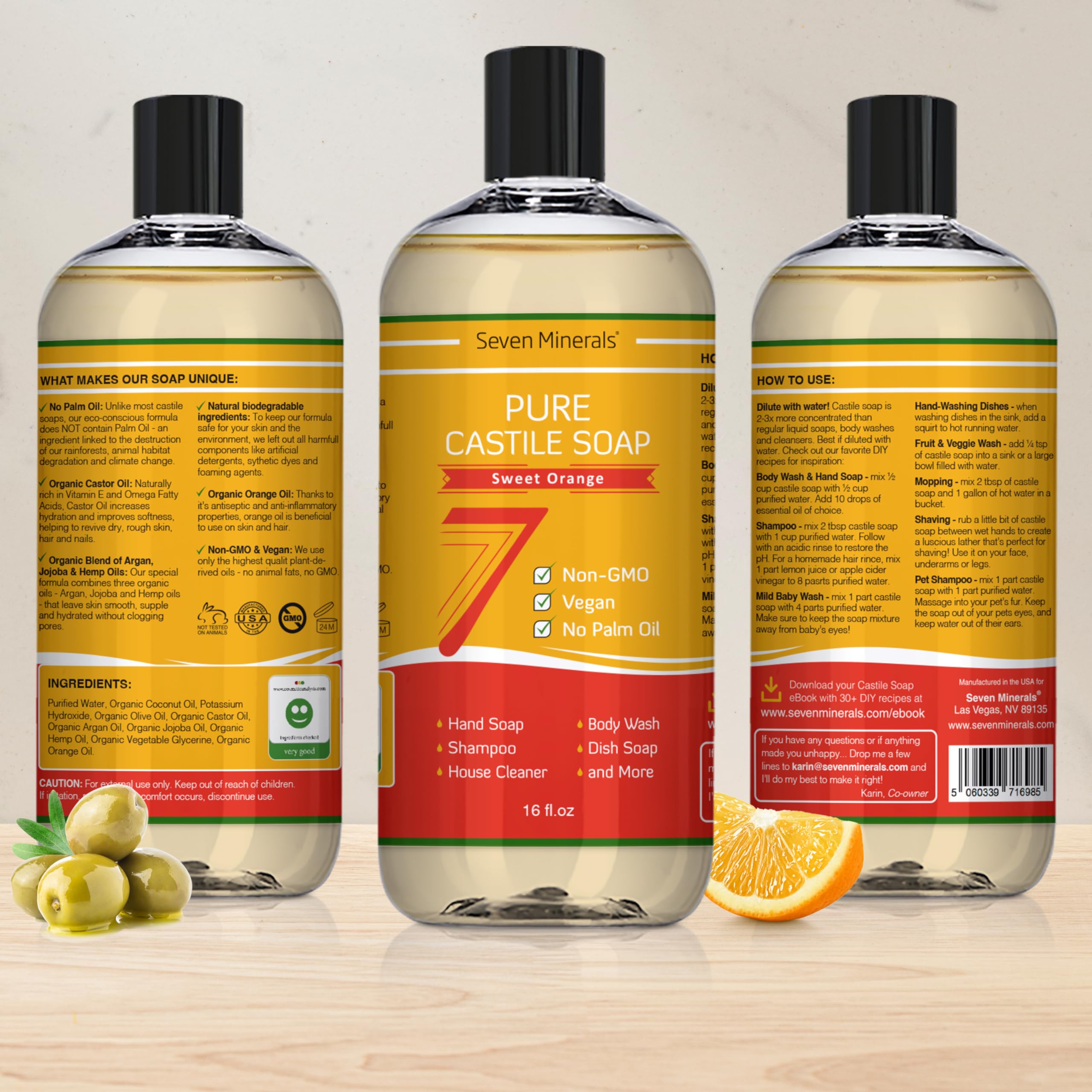 Seven Minerals Pure Castile Soap, Sweet Orange 16oz - No Palm Oil, GMO-Free, Vegan - Gentle Liquid Soap for Sensitive Skin & Baby Wash - All Natural with Organic Oils - Perfect for Face, Body, Hair & Household Cleaning