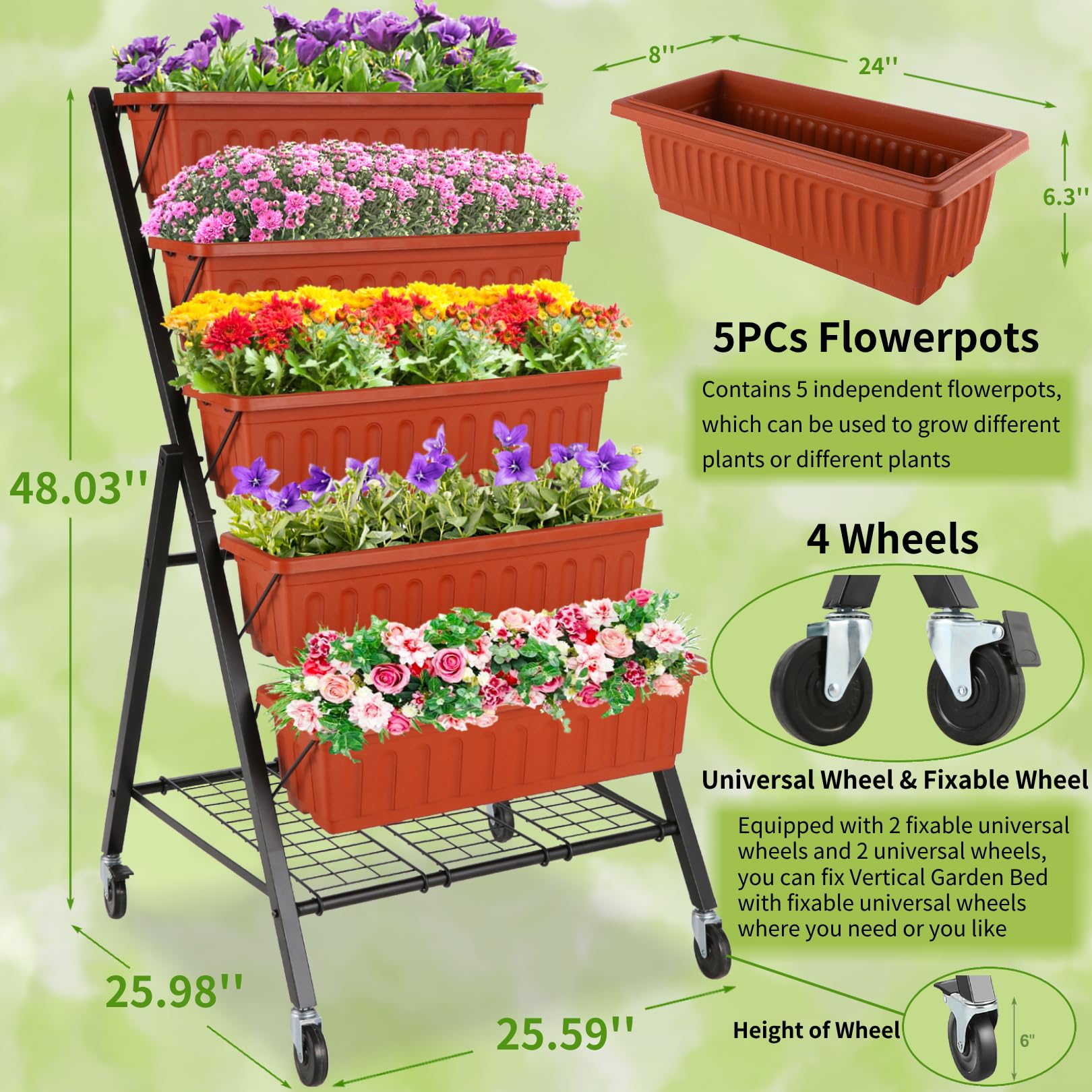 Homdox 4FT Vertical Garden Bed - 5 Tier Raised Planter Stand for Vegetables & Flowers (25.6x26x48 Inch) with 4 Hooks, 4 Wheels & Storage Rack - Brown | Perfect for Small Spaces, Balconies, Patios & Indoor Gardening