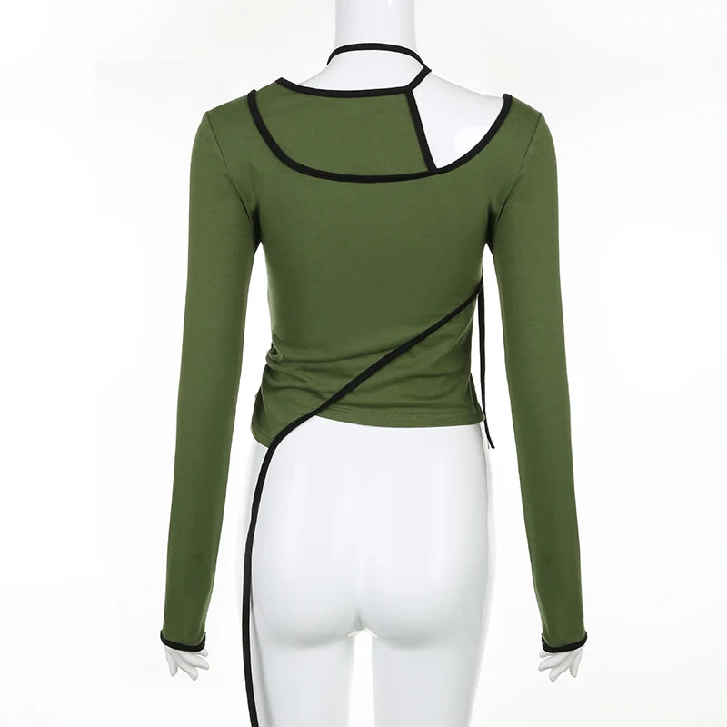 Women's Asymmetrical Folds Spliced Long Sleeve Halter Neck Slim Fit Casual T-Shirt | Korean Style Autumn Top | Perfect for Daily Wear, Office Outfits & Date Nights