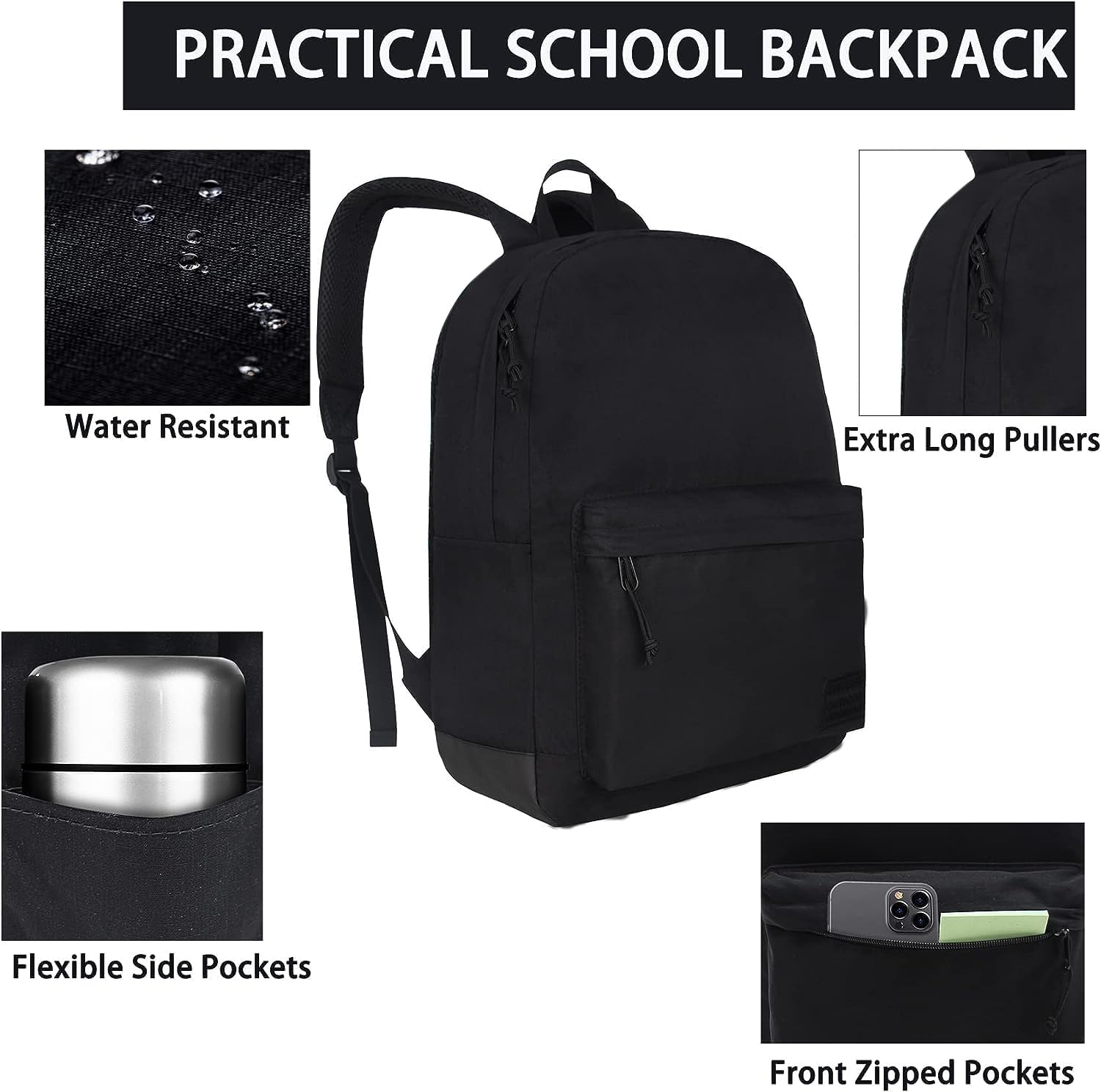SUPACOOL Lightweight Laptop Backpack for Men & Women - College Bookbag with USB Charging Port - Durable School Backpack for Students - Perfect for Travel, Work & Daily Commute (Black)