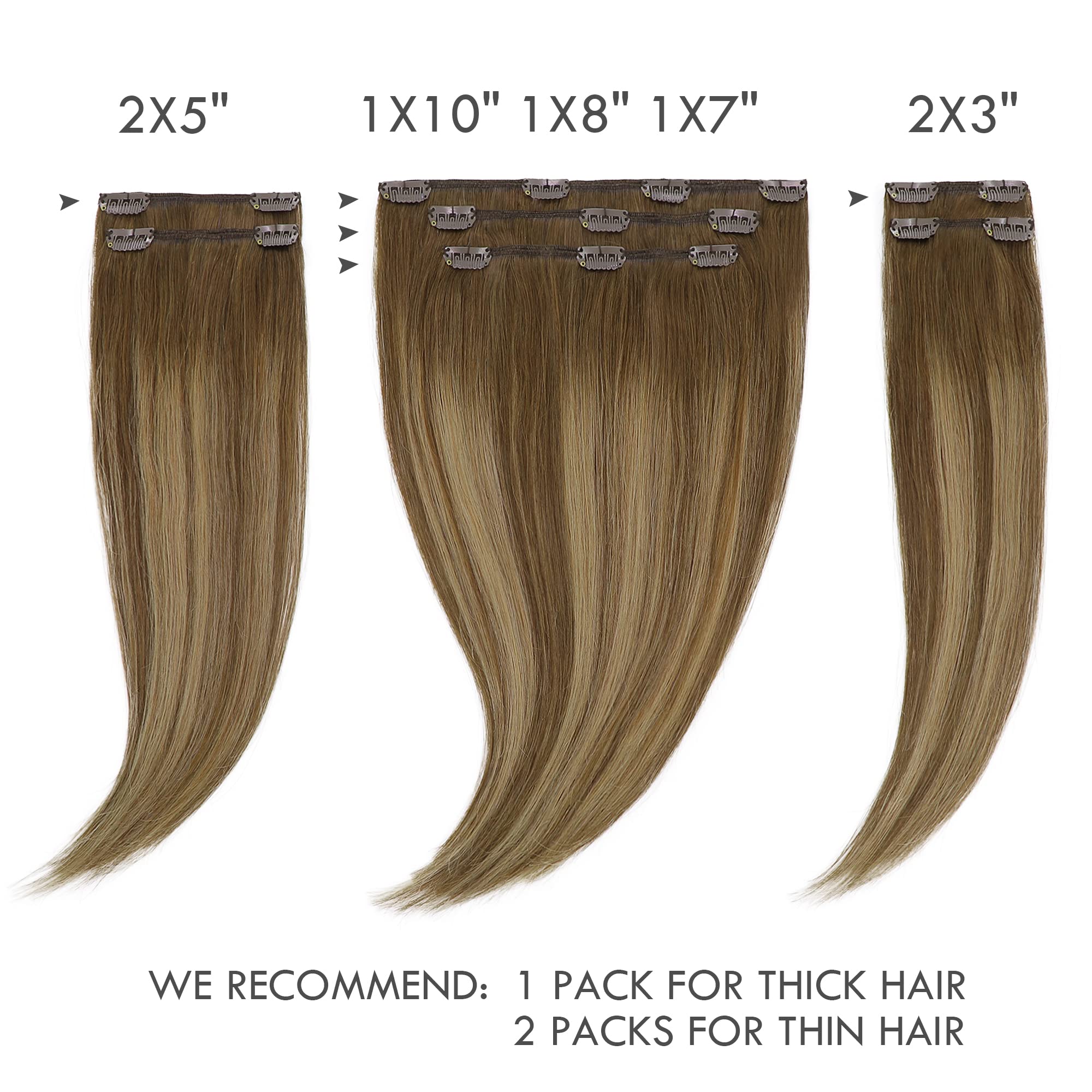 22 Inch Clip In Hair Extensions - Real Human Hair, Hand Tied Weft, Balayage Chocolate Brown with Caramel Blonde Highlights - 7 Piece Set for Volume & Length | Perfect for Parties, Weddings & Daily Styling