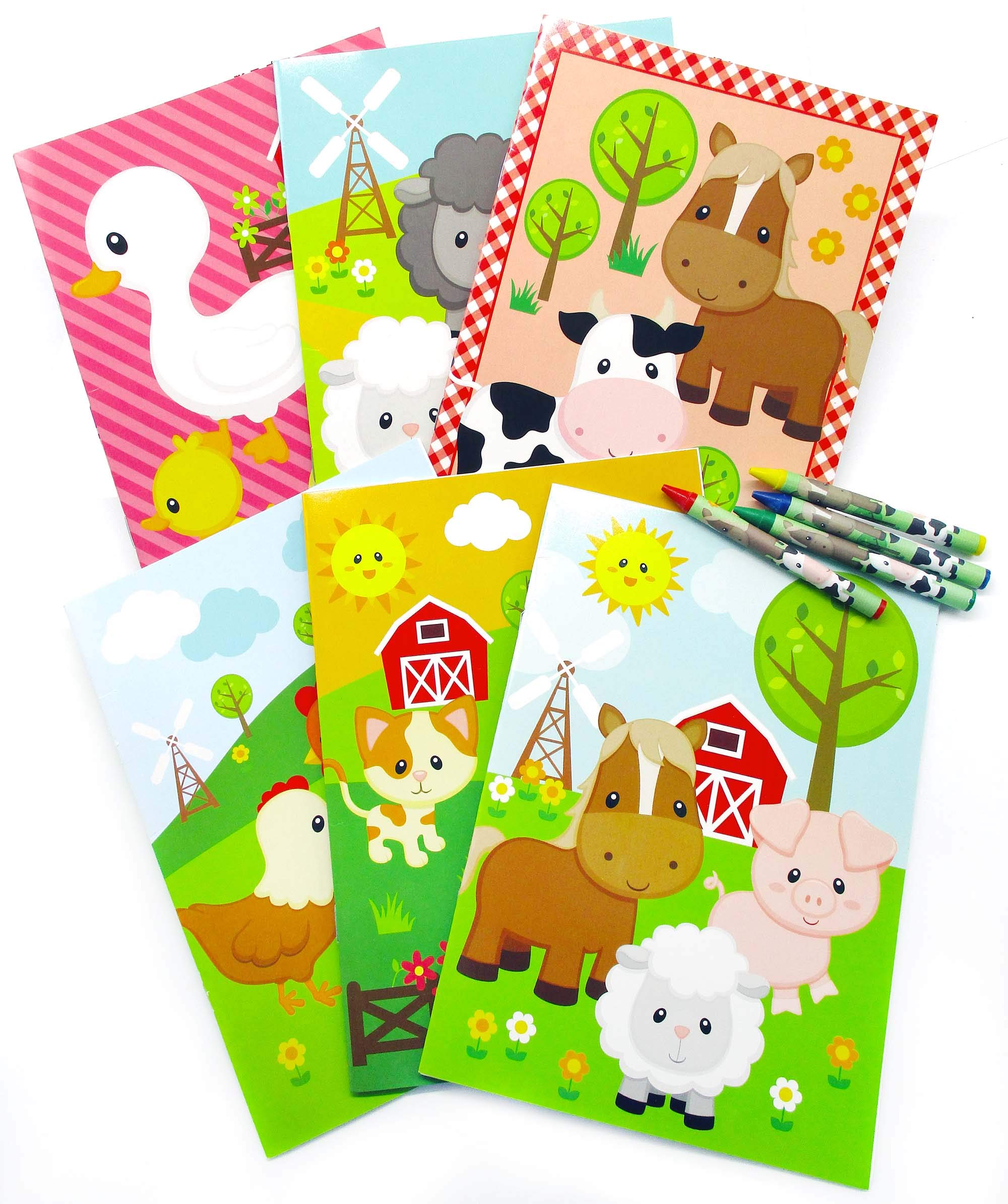 Tiny Mills Farm Animals Coloring Books with Crayons - 12 Pack Coloring Books & 48 Crayons Set | Fun Barnyard Party Favors, Kids Birthday Gifts, Classroom Activities, Favor Bag Fillers, Farm Animal Themed Party Supplies
