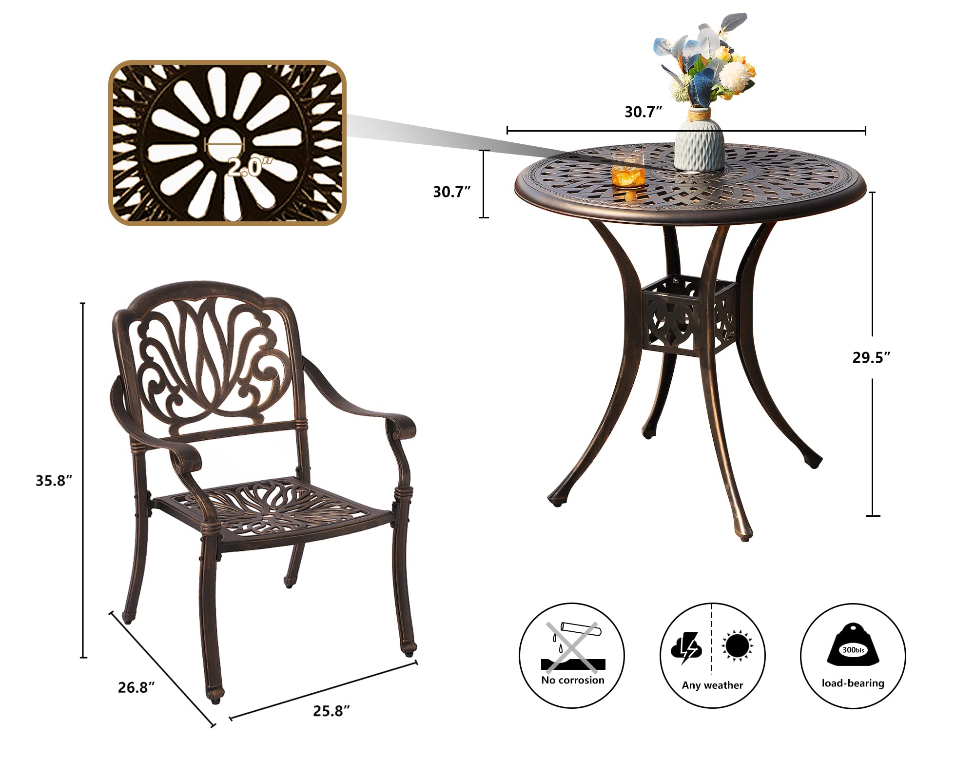 Grepatio 3-Piece All-Weather Cast Aluminum Outdoor Dining Set - 2 Patterned Back Chairs & 1 Bistro Table with Umbrella Hole - Patio, Garden, Poolside Furniture in Antique Bronze - Perfect for Backyard BBQs, Outdoor Entertaining & Relaxation