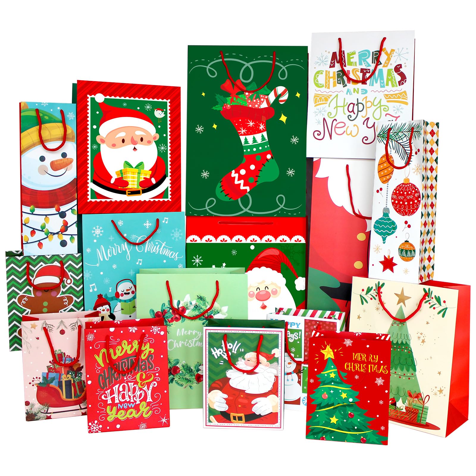 16-Piece Christmas Gift Bags Set with Handles - Assorted Sizes Holiday Paper Gift Bags for Christmas Presents, Party Favors & Festive Wrapping