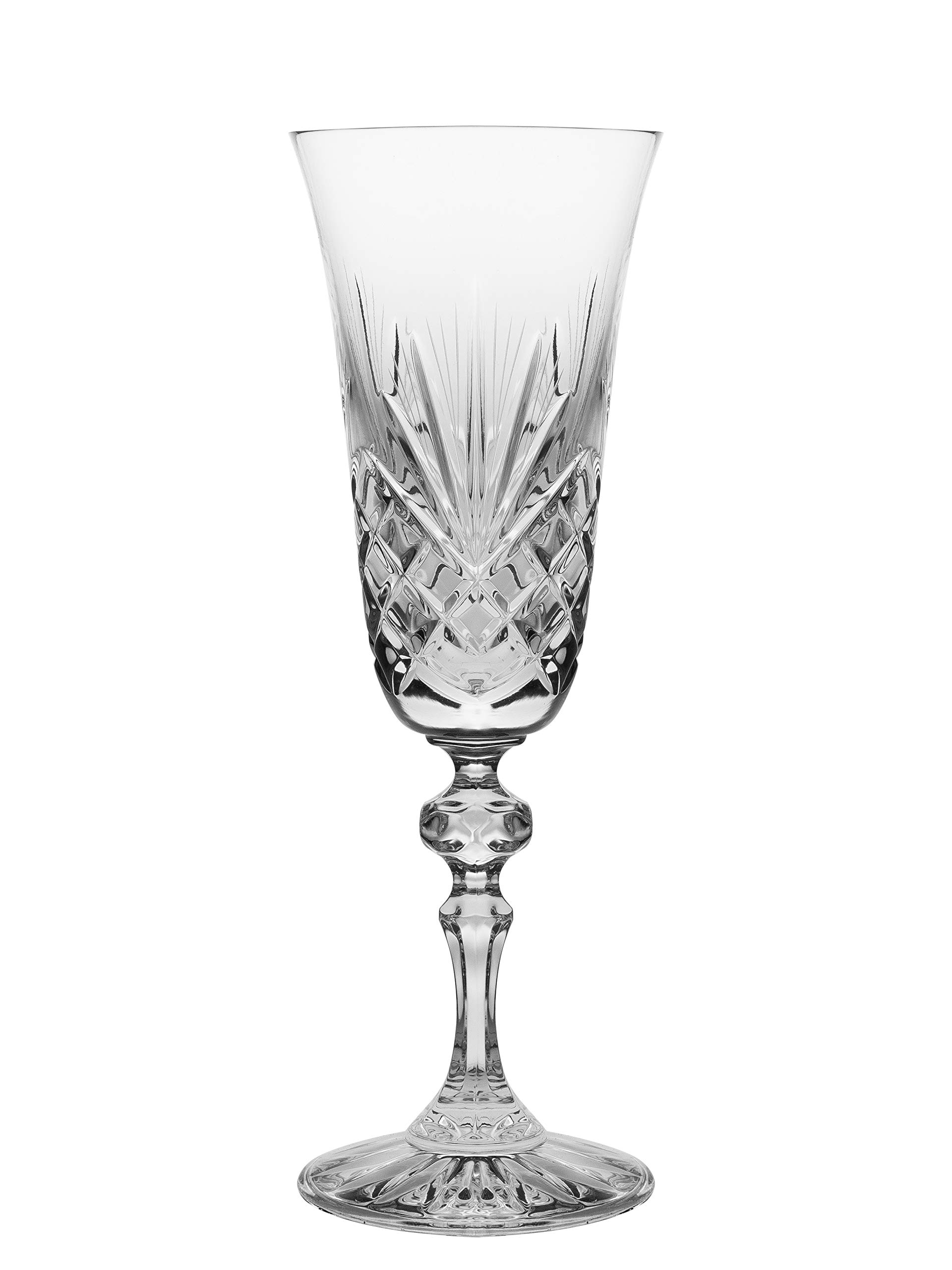 Barski 6-Piece Cut Crystal Champagne Flute Set - 5 oz Elegant Wedding Toasting Glasses for Bride & Groom - European Made Stemware for Anniversaries, Receptions & Celebrations
