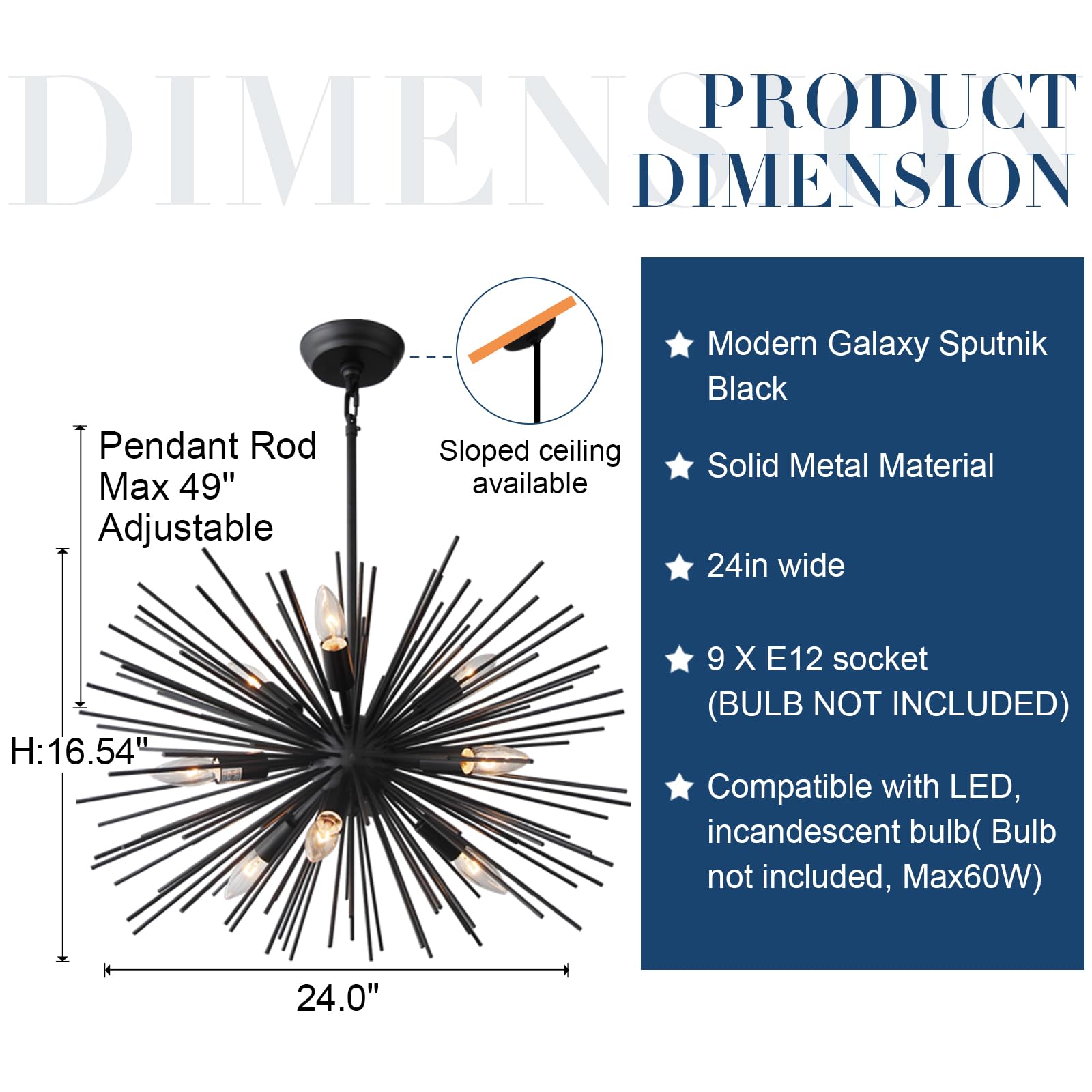 Modern Black Sputnik Chandelier - 9-Light Dining Room Ceiling Fixture with Solid Metal Construction (24 Inch, 13LB) - Perfect for Living Room, Bedroom, Foyer & Kitchen Lighting Decor