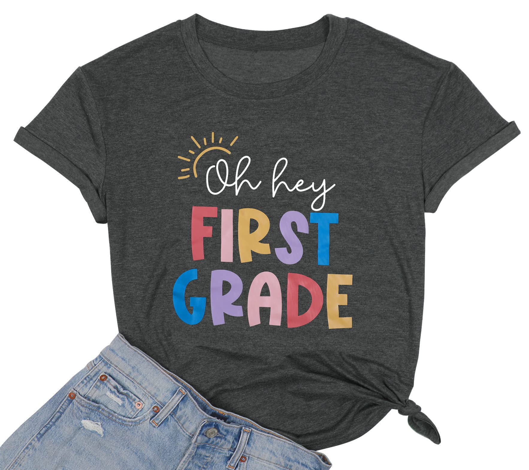 Best DUTUT First Grade Teacher T-Shirt for Women - Back to School Letter Print Top, Teacher Appreciation Gift, Comfortable Short Sleeve Blouse - Perfect for Classroom, Teacher's Day & School Events