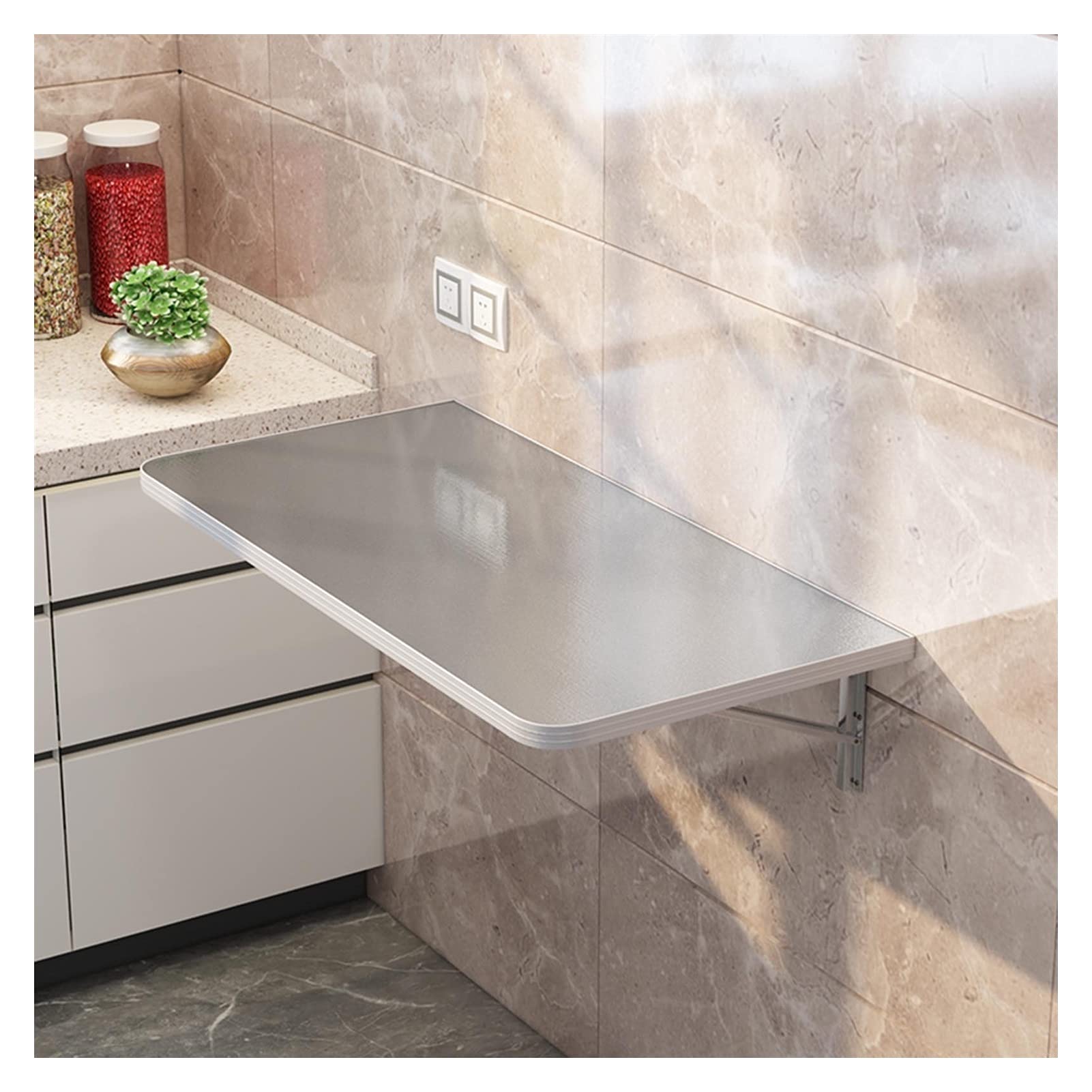 Space Saving Fold Down Wall Mounted Table - 50x30cm Silver Drop-Leaf Desk for Home Office Kitchen & Small Spaces | Compact Computer Workstation | Perfect for Apartments, Dorms & Tiny Homes