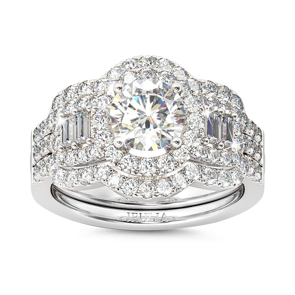 Jeulia 2 Carat Sterling Silver Halo Engagement Ring for Women - Round Cut Cubic Zirconia Bridal Set, Wedding & Anniversary Band - Perfect for Proposals, Weddings, and Special Occasions