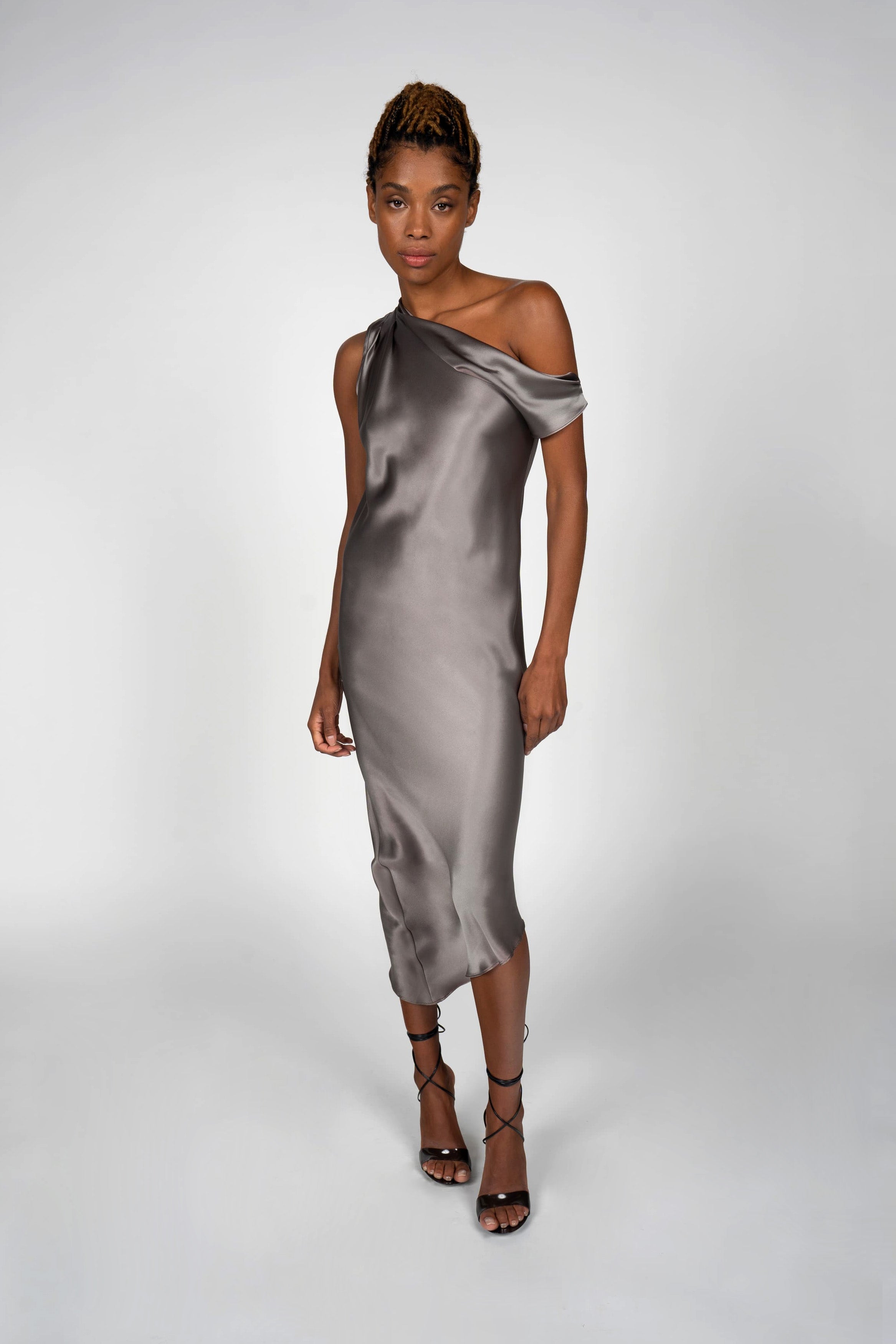 Elegant Asymmetric Draped Shoulder Long Formal Dress in Ash Gray - Perfect for Evening Parties, Weddings & Special Occasions