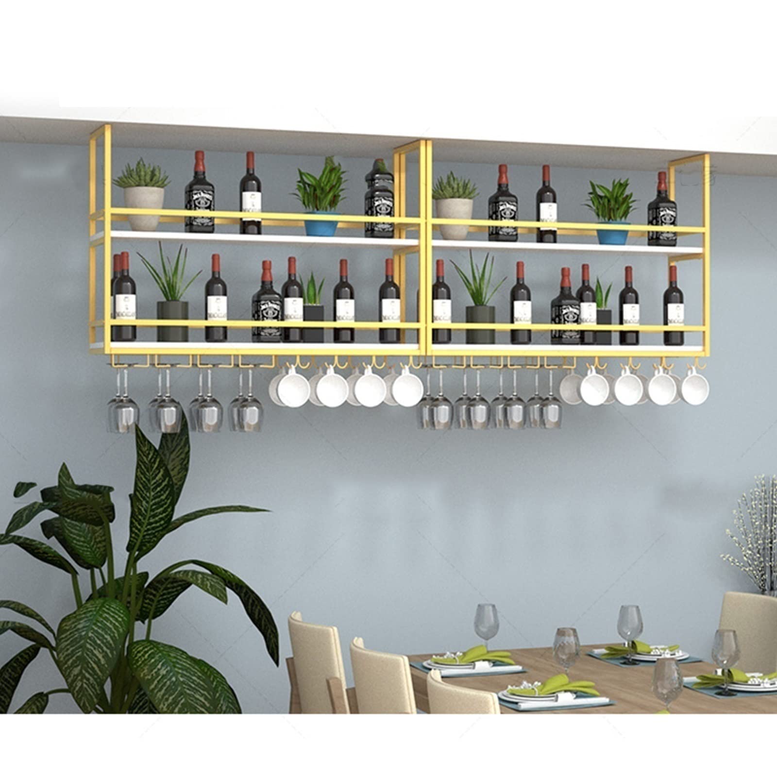Floating Shelf with Guardrail - Wall Mounted & Ceiling Hanging Wine Glass Rack, Solid Wood & Wrought Iron Display Stand for Kitchen, Living Room, Bar - Perfect for Wine Storage, Plant Display and Home Decor Organization