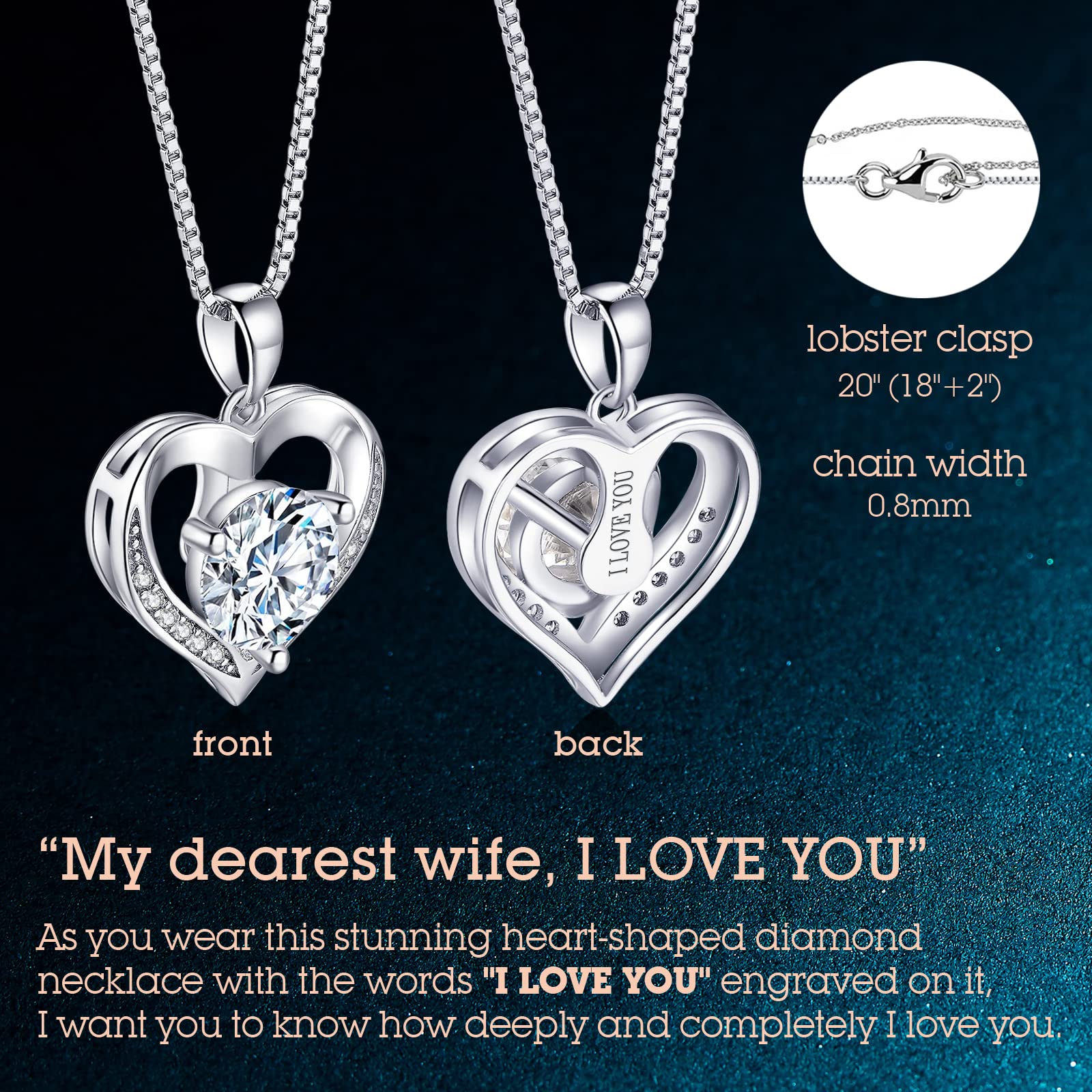 1-3 Carat Moissanite Heart Pendant Necklace for Women - Engraved 