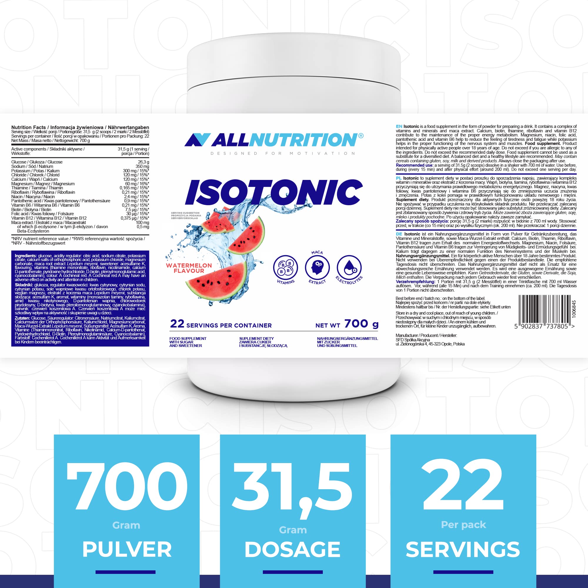Allnutrition Isotonic Hydration Powder - Watermelon Flavor, 700g | Perfect for Post-Workout Recovery & Electrolyte Replenishment