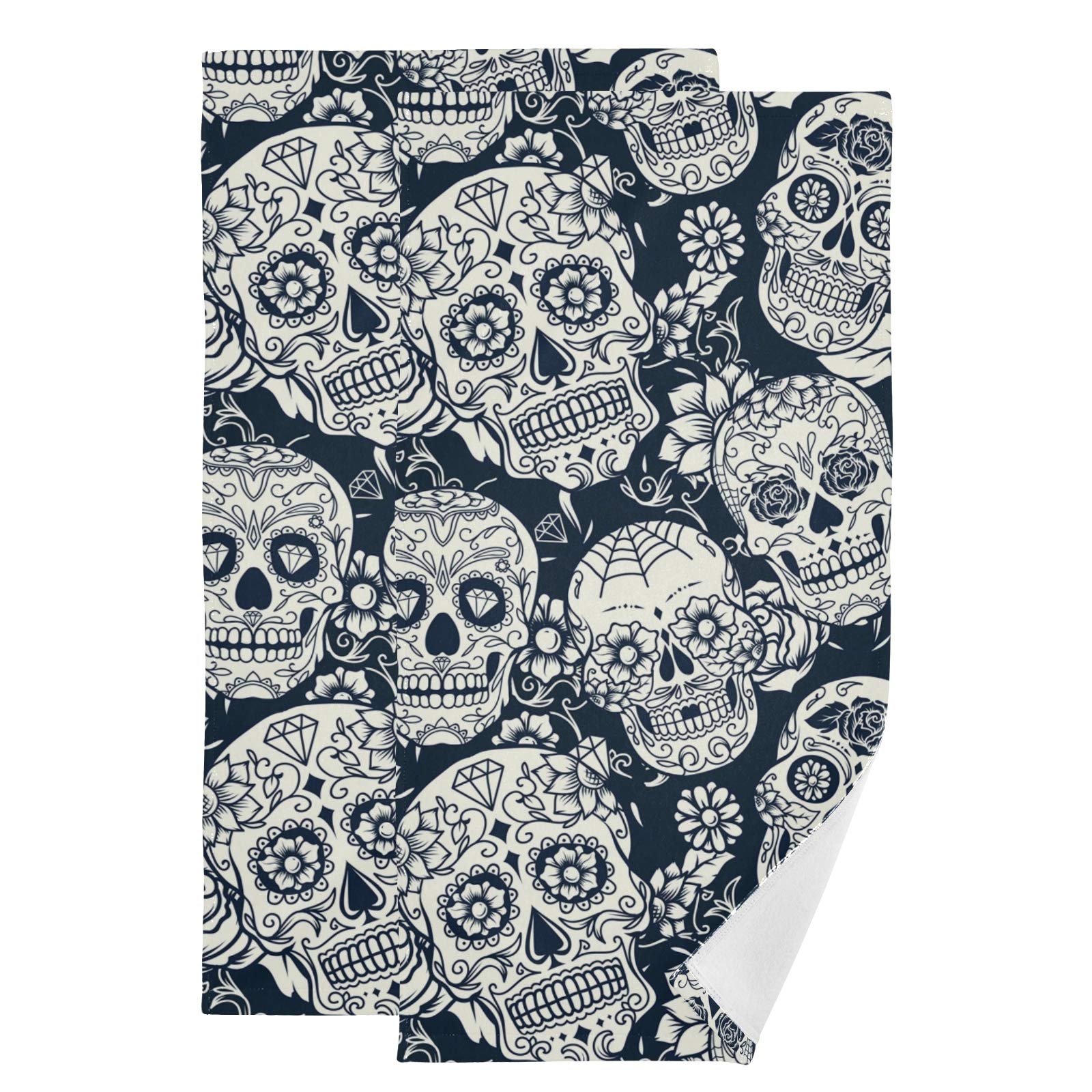 ALAZA 2-Pack Retro Floral Sugar Skull Hand Towels - 28 x 14 Inch Soft Absorbent Kitchen & Bath Towels for Dishes, Face Washing | Perfect for Home, Restaurant, and Spa Use