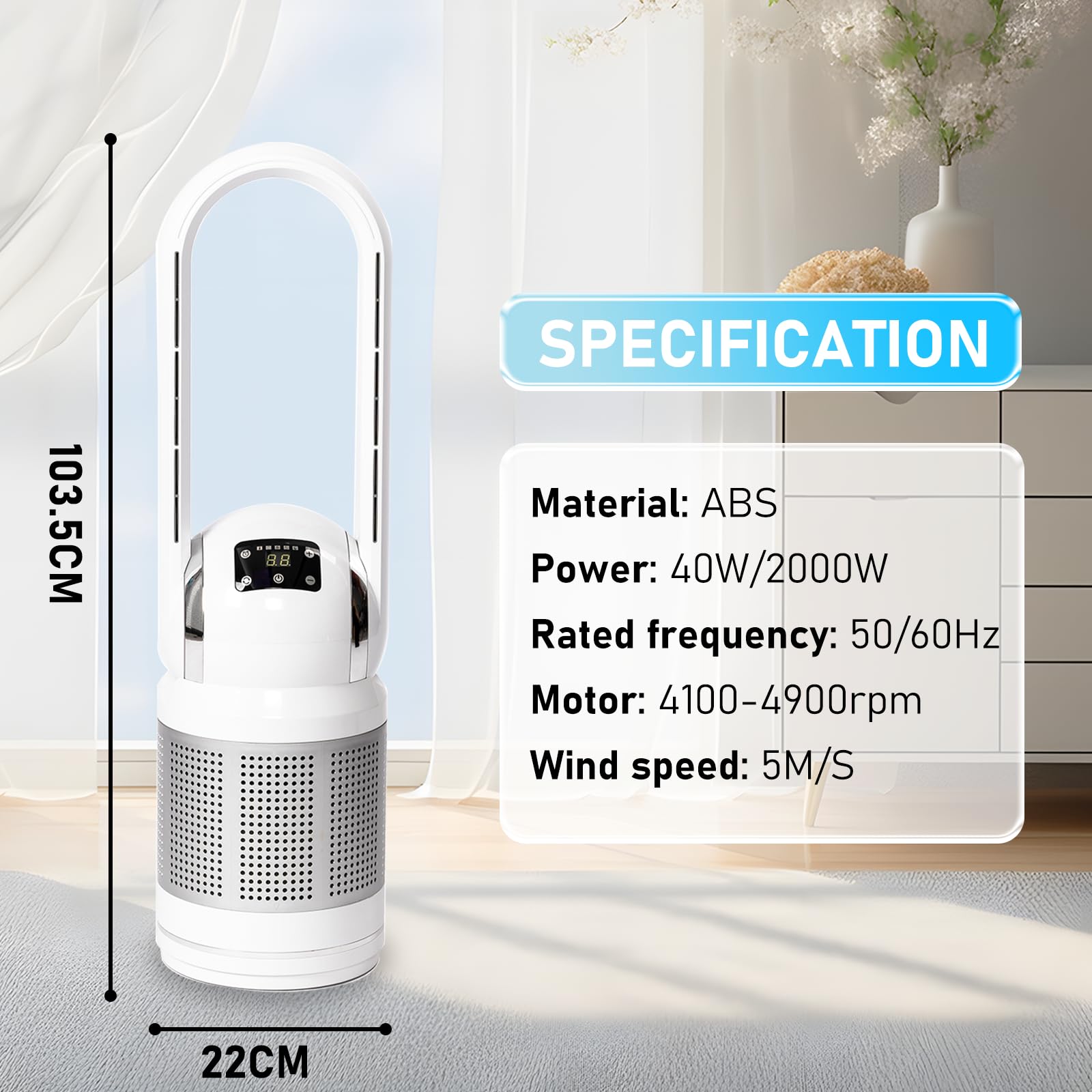 HEATIT Bladeless Tower Fan with Remote Control, Air Purifier, HEPA Filter & PM2.5 Removal - 80° Oscillation, 8 Speed Settings, 8H Timer - Perfect for Home, Bedroom, Kitchen & Office (White) | Stay Cool & Breathe Clean Air Year-Round