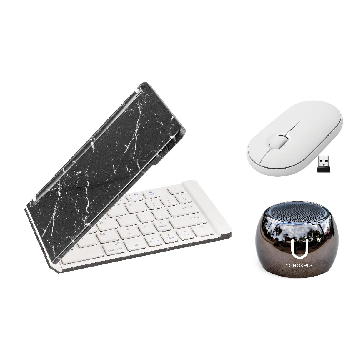 U Speakers Boost Water-Resistant Portable Bluetooth Speaker with Selfie Remote Control, Deep Bass & Built-in Mic - Perfect for Travel, Home & Office Use - Includes Mini Folding Wireless Keyboard & Pebble Mouse Combo