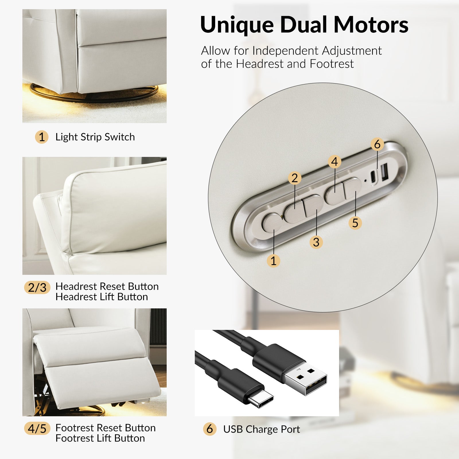 Modern Faux Leather Power Swivel Recliner Chair with USB Charging & Adjustable LED Reading Lamp - Perfect for Home Theater, Living Room & Office Relaxation