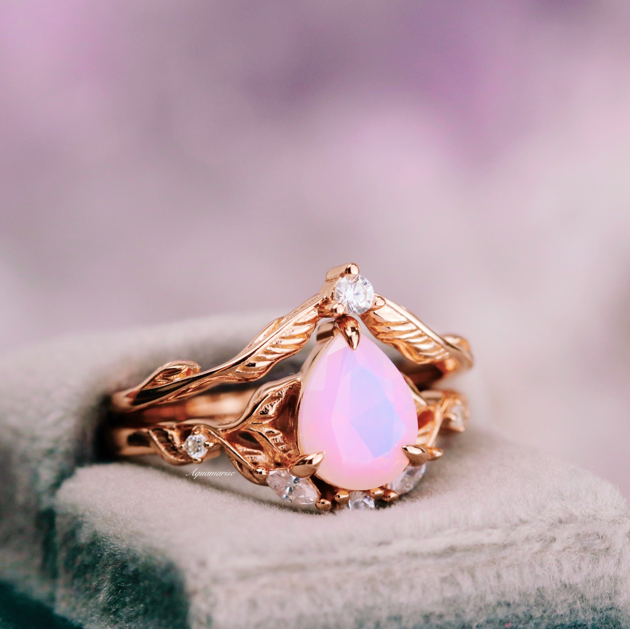Opalescent Pink Sapphire Engagement Ring Set - 14K Rose Gold Vermeil Wedding Band for Women | Perfect for Proposals, Anniversaries & Bridal Jewelry