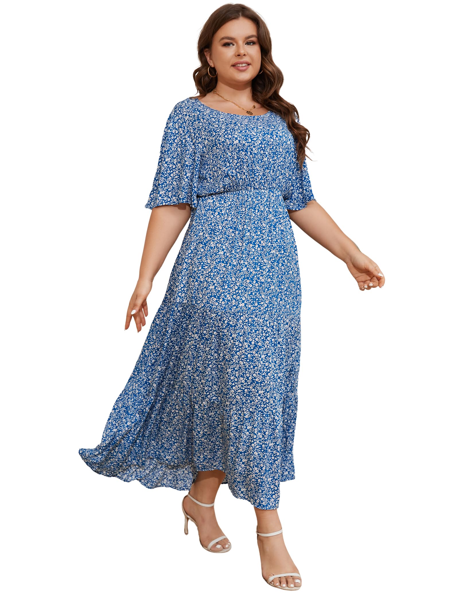 ANOTHER CHOICE Plus Size Floral Maxi Dress for Women - Short Sleeve Boho Casual Dress with Modest Fit | Perfect for Summer Outings, Beach Vacations & Boho Chic Style