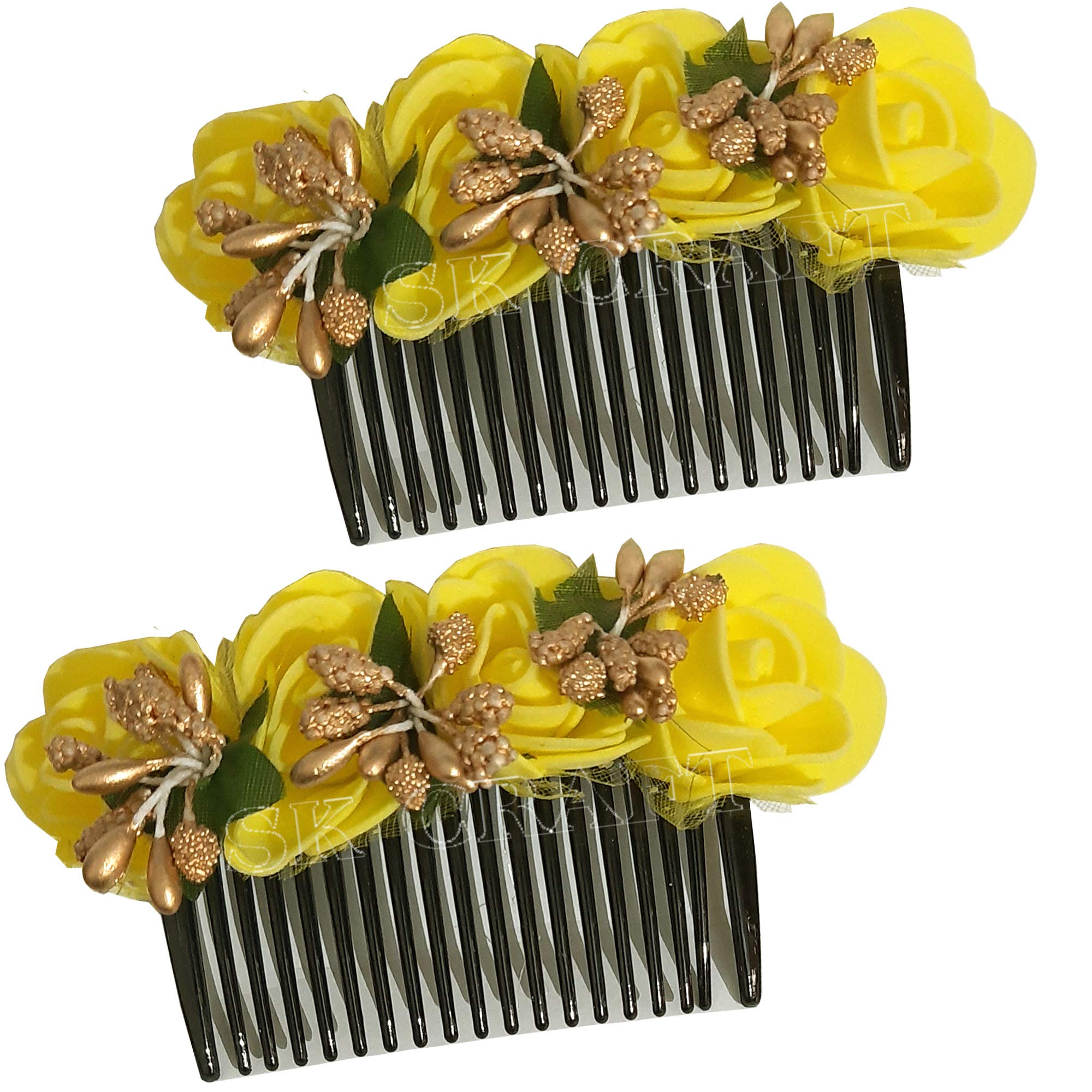 SK Craft Rose Hair Clip - Elegant Yellow Flower Hair Pin for Women, Wedding & Party Hair Accessories (Pack of 2) | Perfect for Bridal, Prom, and Special Occasions