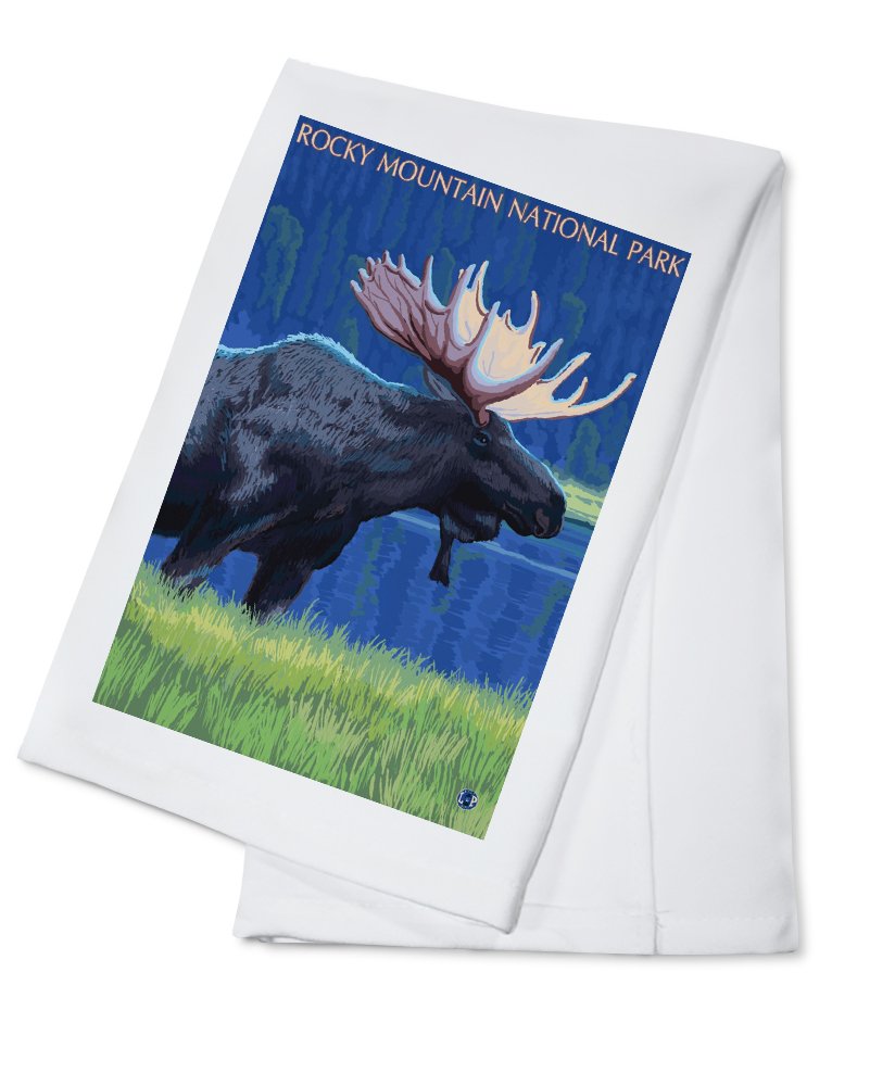 Rocky Mountain National Park Colorado Moose at Night - 100% Cotton Tea Towel, Decorative Hand Towel for Kitchen & Home Decor - Perfect for Gifts, Camping, and Cabin Decorations
