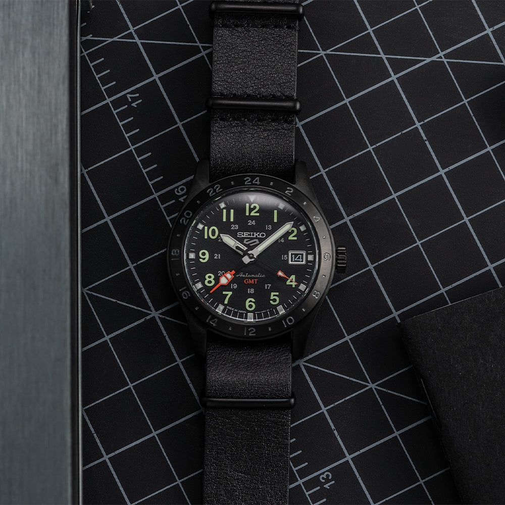SSK025 5 Sports Field GMT 39.4mm Men's Watch - Black Dial with Genuine Leather Strap - Waterproof Automatic Watch for Travel, Business & Outdoor Activities