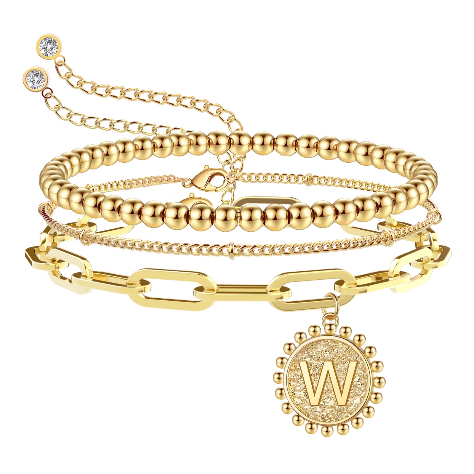 PDWZNBA 14K Gold Plated Initial Beaded Bracelet for Women & Teen Girls - Adjustable Layered Chain Bracelet, Dainty Cute Jewelry Gift for Birthday, Anniversary & Everyday Wear