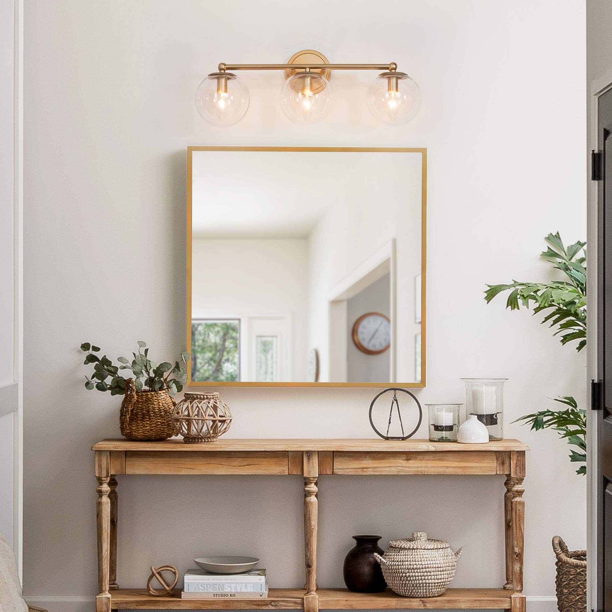 Hand-Painted Gold Bathroom Vanity Light Fixture - 3-Light Modern Bathroom Lighting with Clear Globe Glass Shades, 21.5