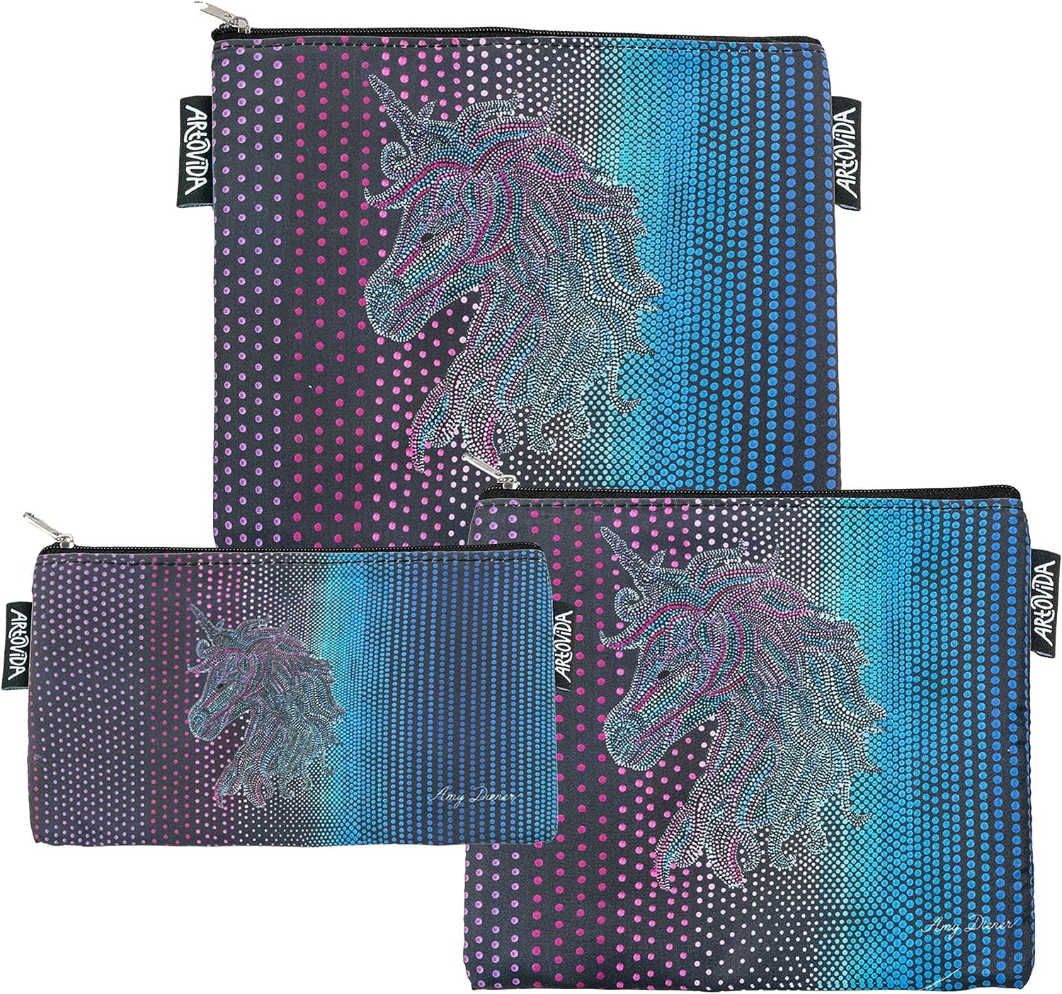 ARTOVIDA Reusable Sandwich Bags with Zipper - Eco-Friendly Snack Bags Set of 3, Double Layer Design by Amy Diener | Unicorn Pattern for School Lunches, Picnics & Food Storage