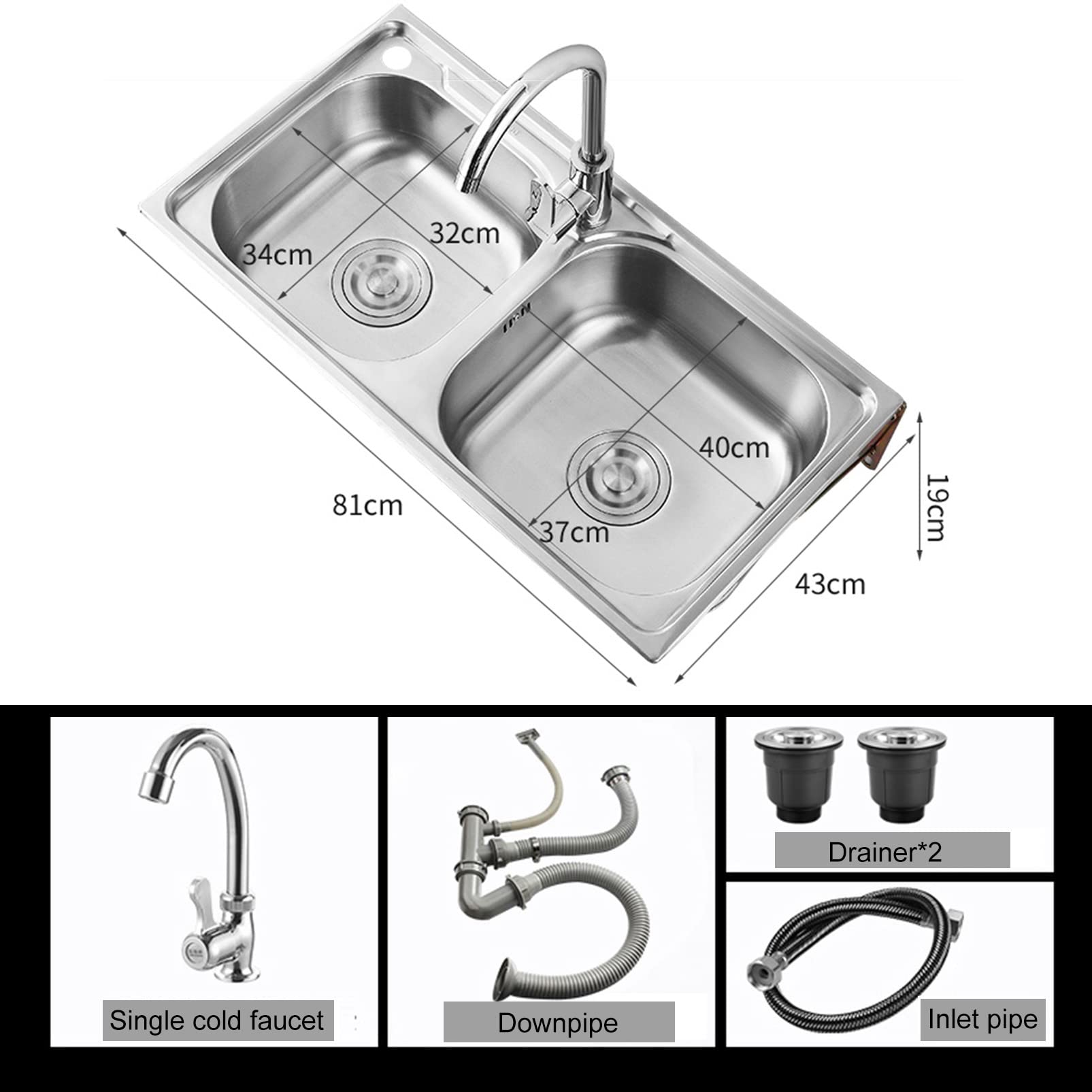304 Stainless Steel Wall Mount Utility Sink with Faucet - 2-Compartment Laundry Tub & Kitchen Sink for Garage, RV, Restaurant, Outdoor Use - Durable Wash Basin for Commercial & Home Scenarios