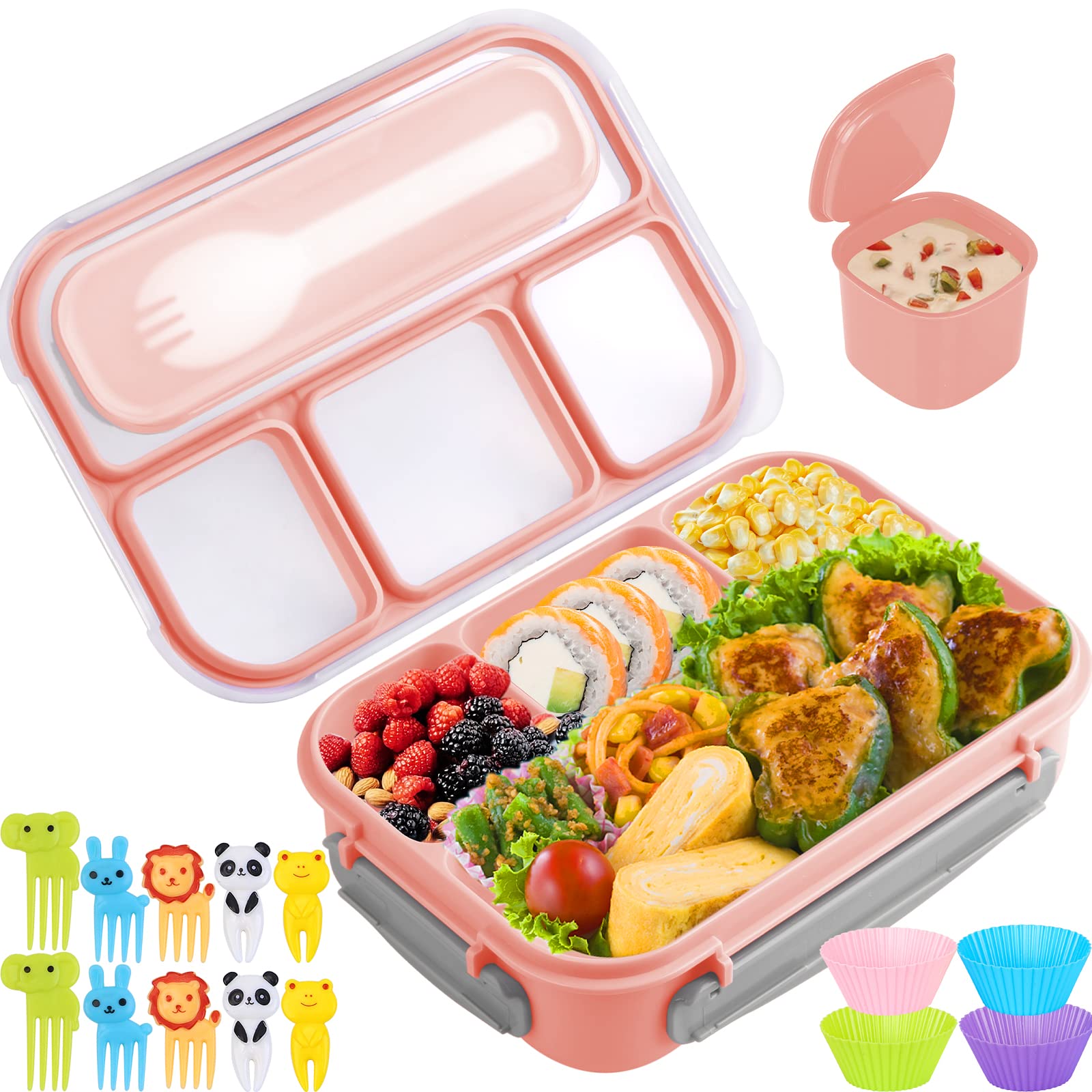 **1300ML Leak-Proof Bento Box for Adults & Kids - 4 Compartment Lunch Box with Food Picks & Cake Cups - Microwave, Dishwasher & Freezer Safe - Ideal for School, Office & Picnics (Pink)**
