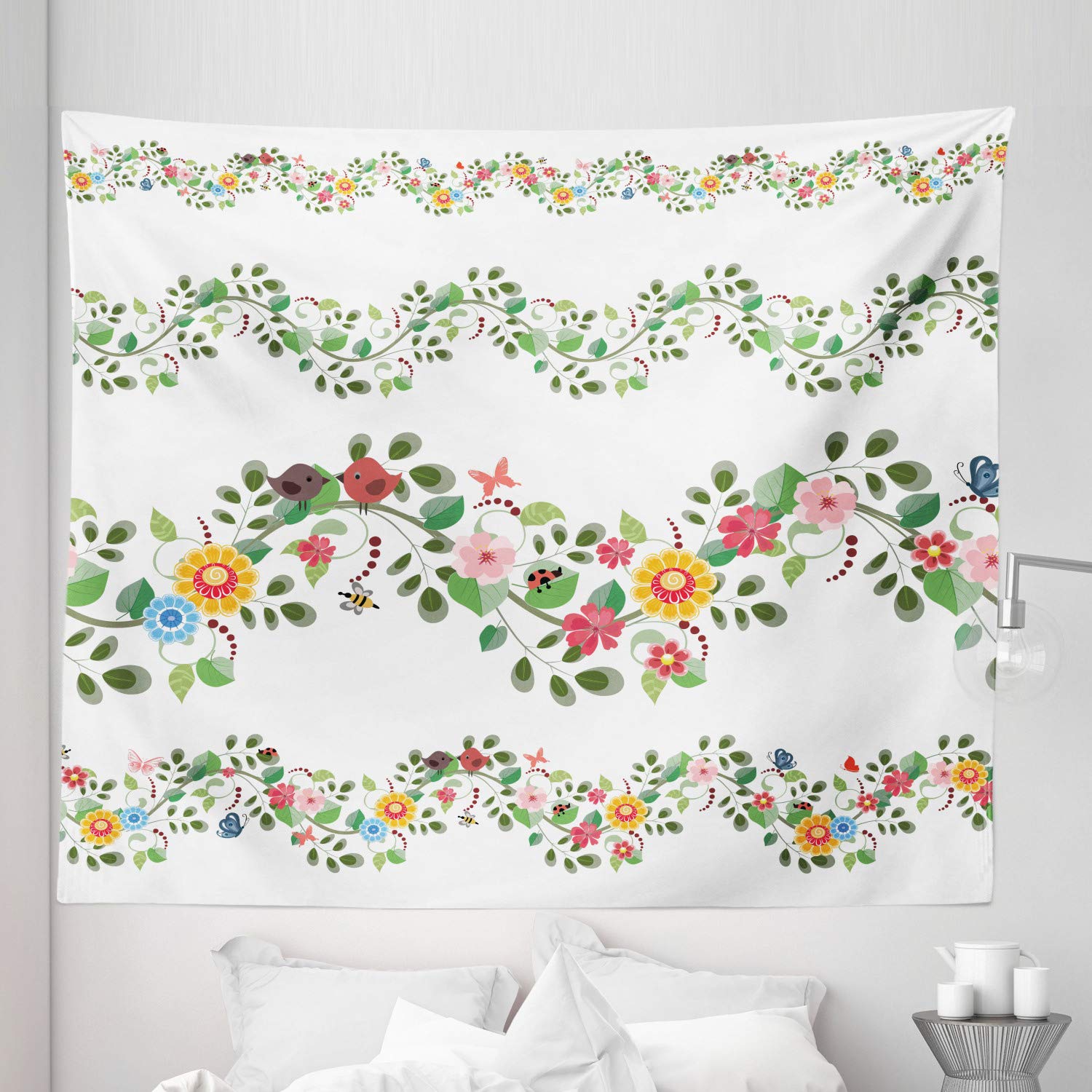 Ambesonne King Size Green Floral Tapestry - Vintage Abstract Foliage Design Wall Hanging, Bedspread & Decor (104x88 Inches, Multicolor) - Perfect for Bohemian Bedroom, Living Room Wall Art & Dorm Decor