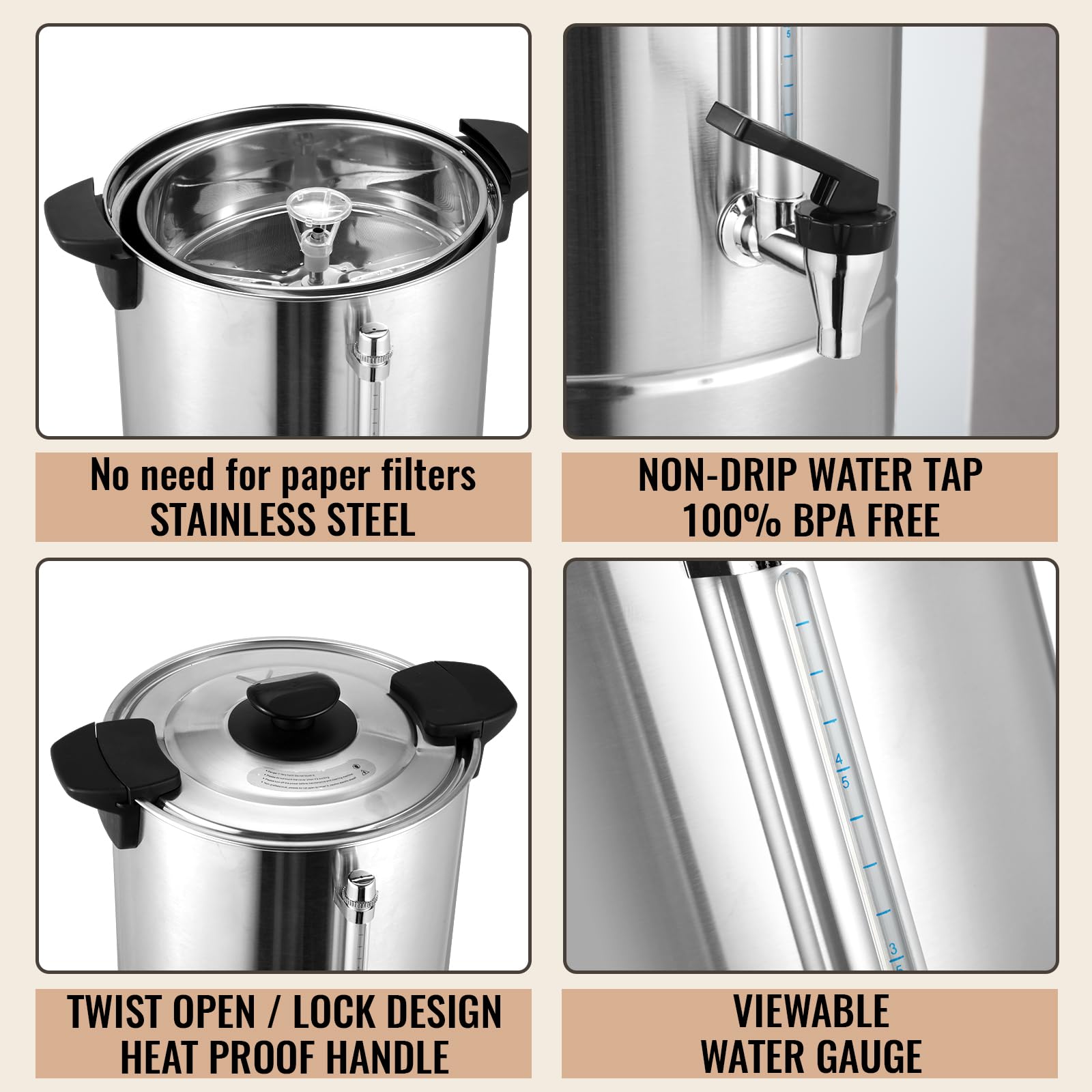 Commercial Coffee Maker 100 Cup Stainless Steel Electric Coffee Urn - 15L Large Capacity with 5oz Paper Cups & Drip Trays - Perfect for Catering, Restaurants, Home Parties & Office Events