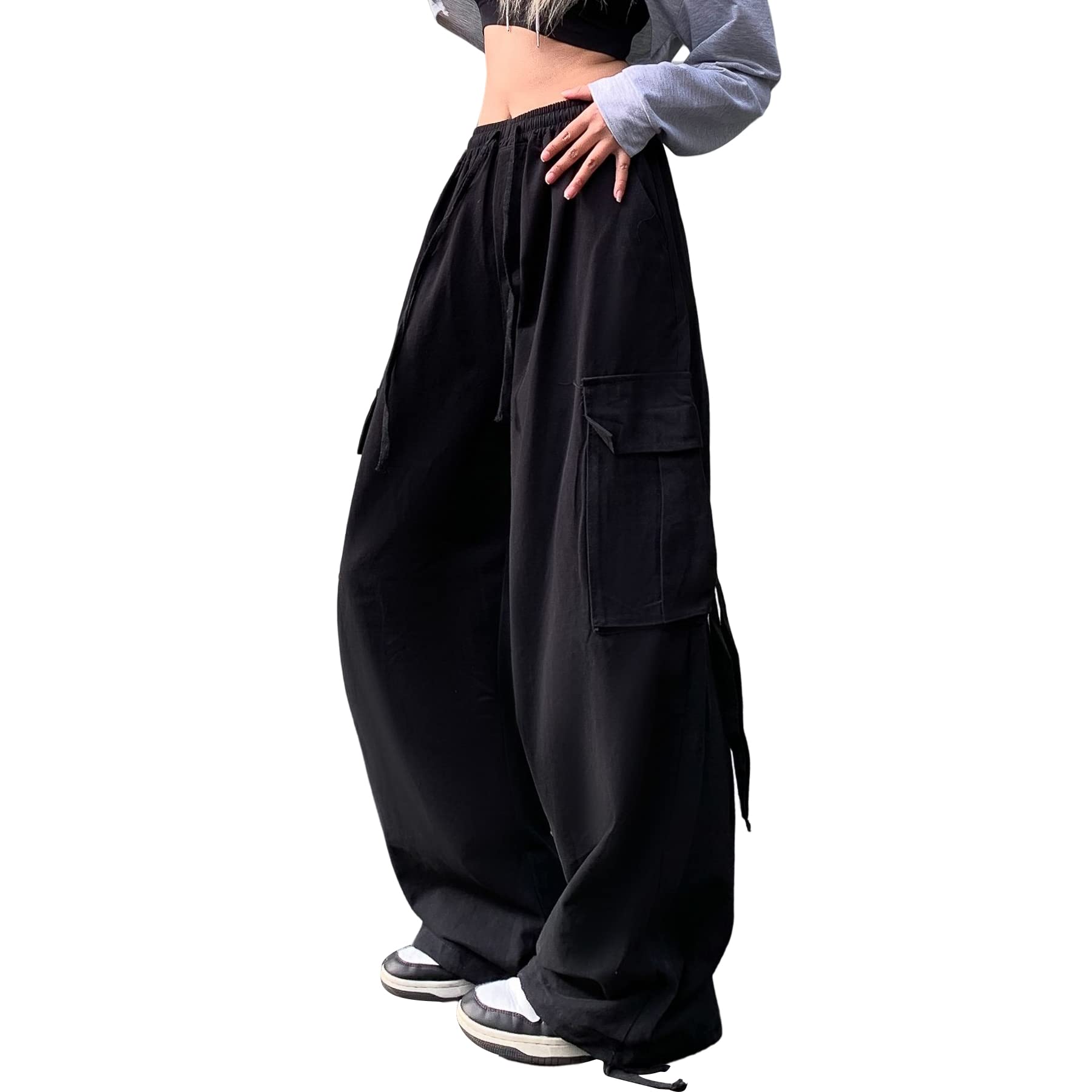 Linsennia Y2K Parachute Pants for Women - Wide Leg Cargo Trousers with Elastic Waist | Baggy Streetwear Pants | Perfect for Casual Outfits, Hip Hop Fashion & 90s Retro Style