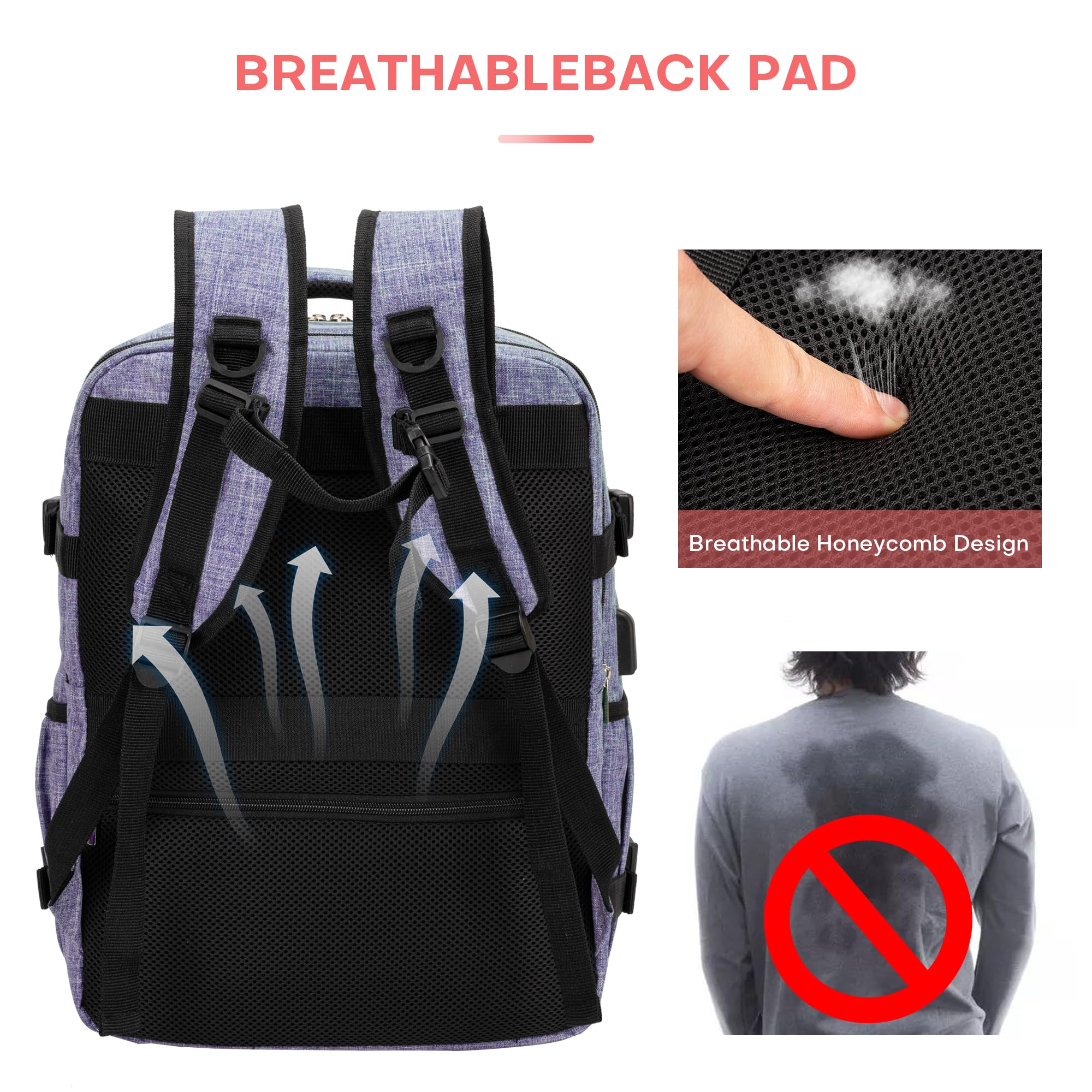 BAGLHER Travel Backpack for Airplane Carry-On - Flight Approved with USB Charging Port & Laptop/Shoe Compartment - Lightweight Business Backpack for Work, College, Business Trips (Purple) - Perfect for Commuting, Weekend Getaways & International Travel