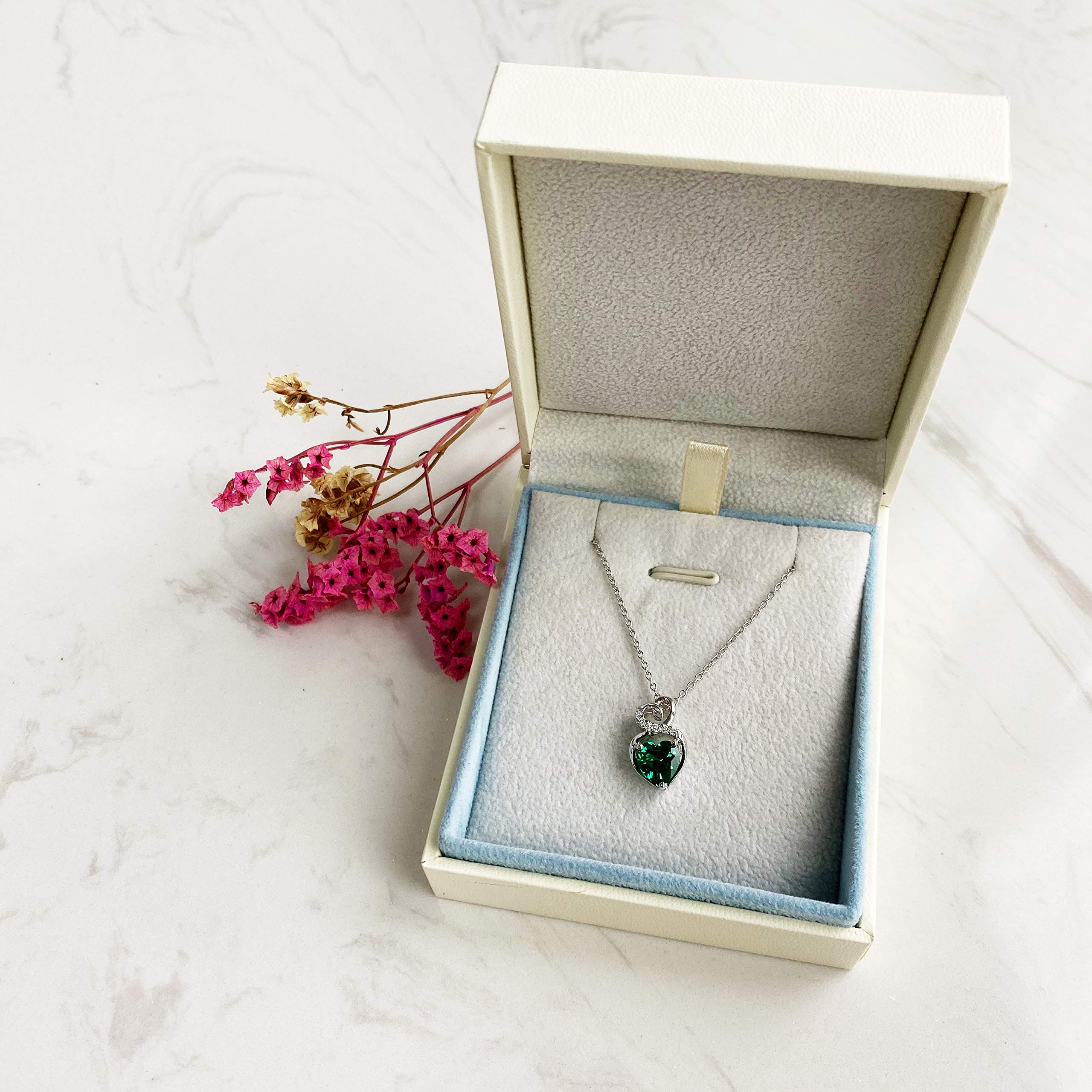 14K Solid White Gold Birthstone Necklace with Sterling Silver Chain - 1.5 CT Heart Pendant Dainty Jewelry for Women - 16