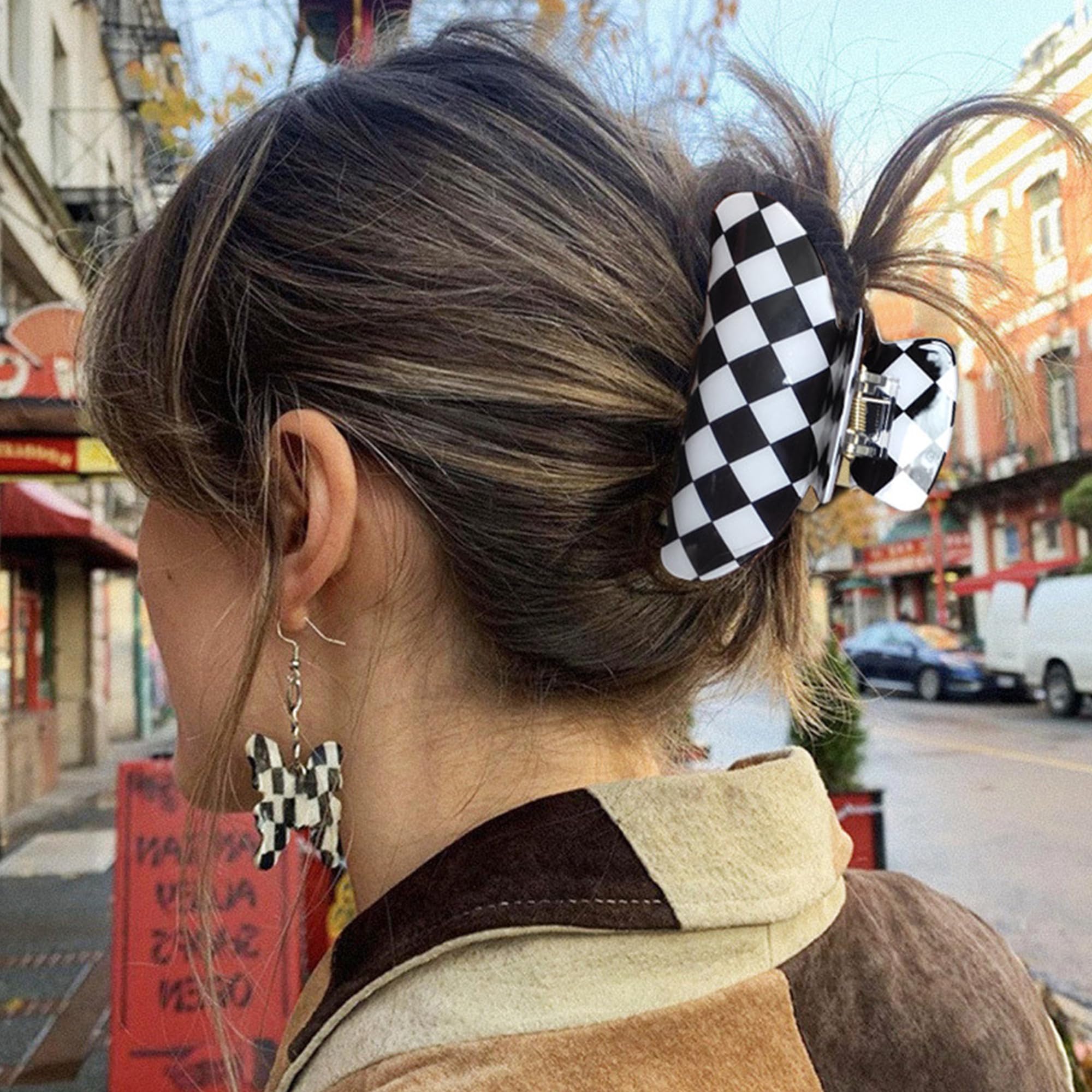 Women's Large Checkered Hair Clips - 2 Pack Black & White Claw Jaw Clips for Women & Girls - Perfect for School, Work, and Everyday Hairstyles