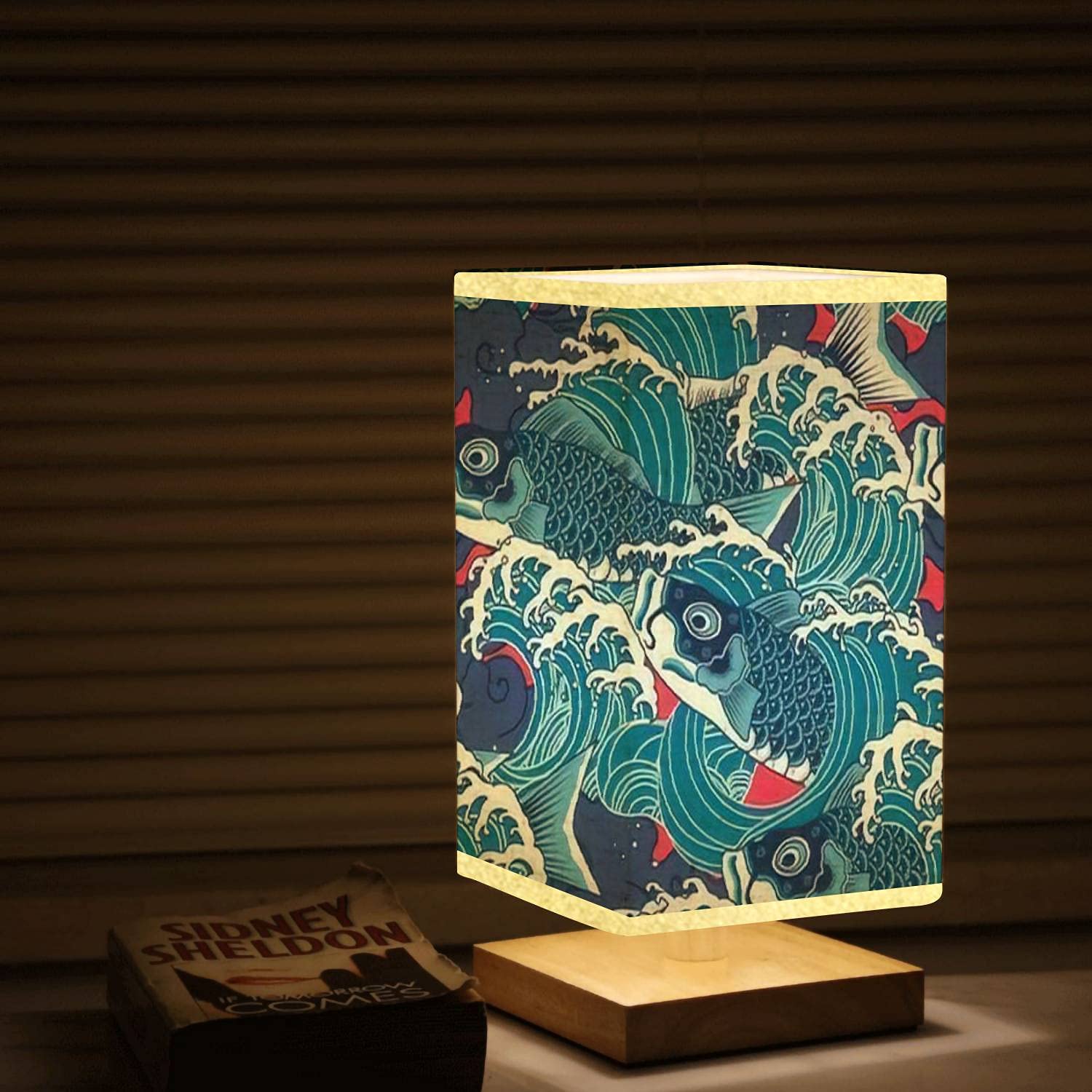 Japanese Koi Carp Fish Wave Pattern Wooden Base Table Lamp - Flaxen Fabric Shade, Dimmable Nightstand Light for Bedroom, Living Room, Office | Perfect for Reading, Relaxing & Creating Cozy Ambiance
