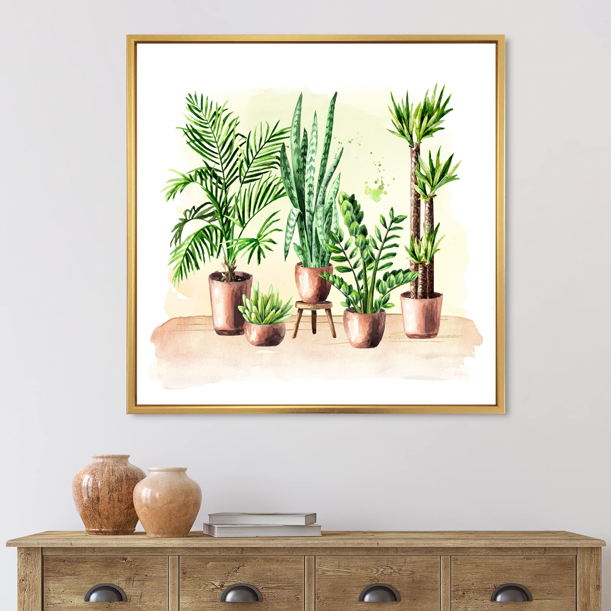 DesignQ Indoor Green Home House Plants I - Traditional Framed Canvas Wall Art Print | Botanical Wall Decor for Living Room, Bedroom & Office | Perfect Housewarming Gift for Plant Lovers
