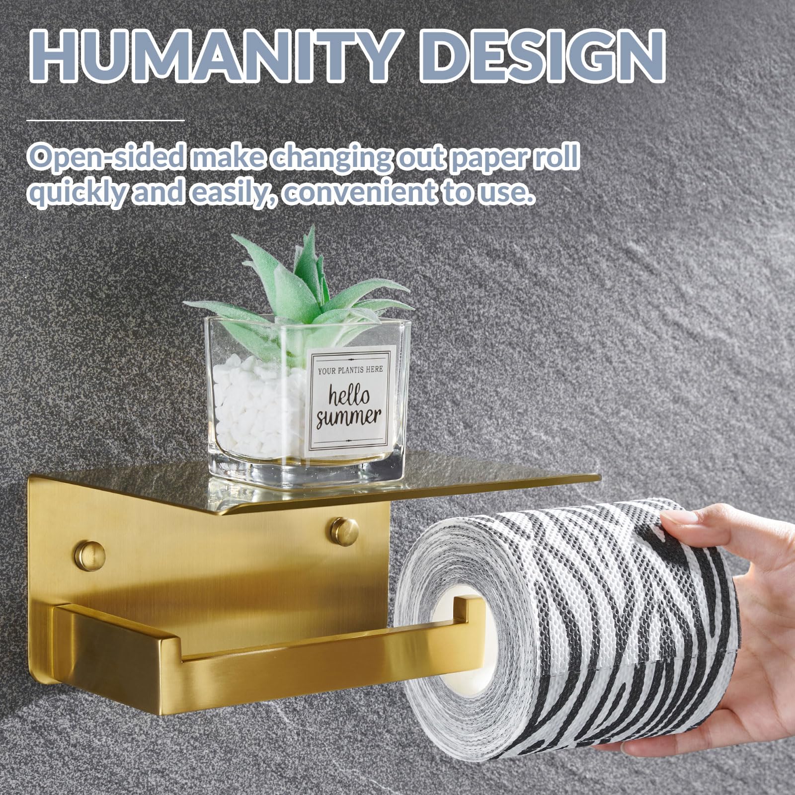 Modern Brushed Gold Toilet Paper Holder with Shelf - APLusee SUS 304 Stainless Steel Bathroom Tissue Roll Dispenser & Storage Organizer - Perfect for Contemporary Bathrooms, Powder Rooms, and Guest Baths