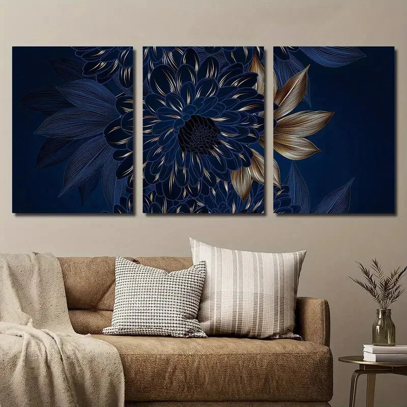 3-Piece Abstract Blue and Gold Floral Metal Wall Art - Ready to Hang Modern Home Decor for Living Room, Bedroom, or Office