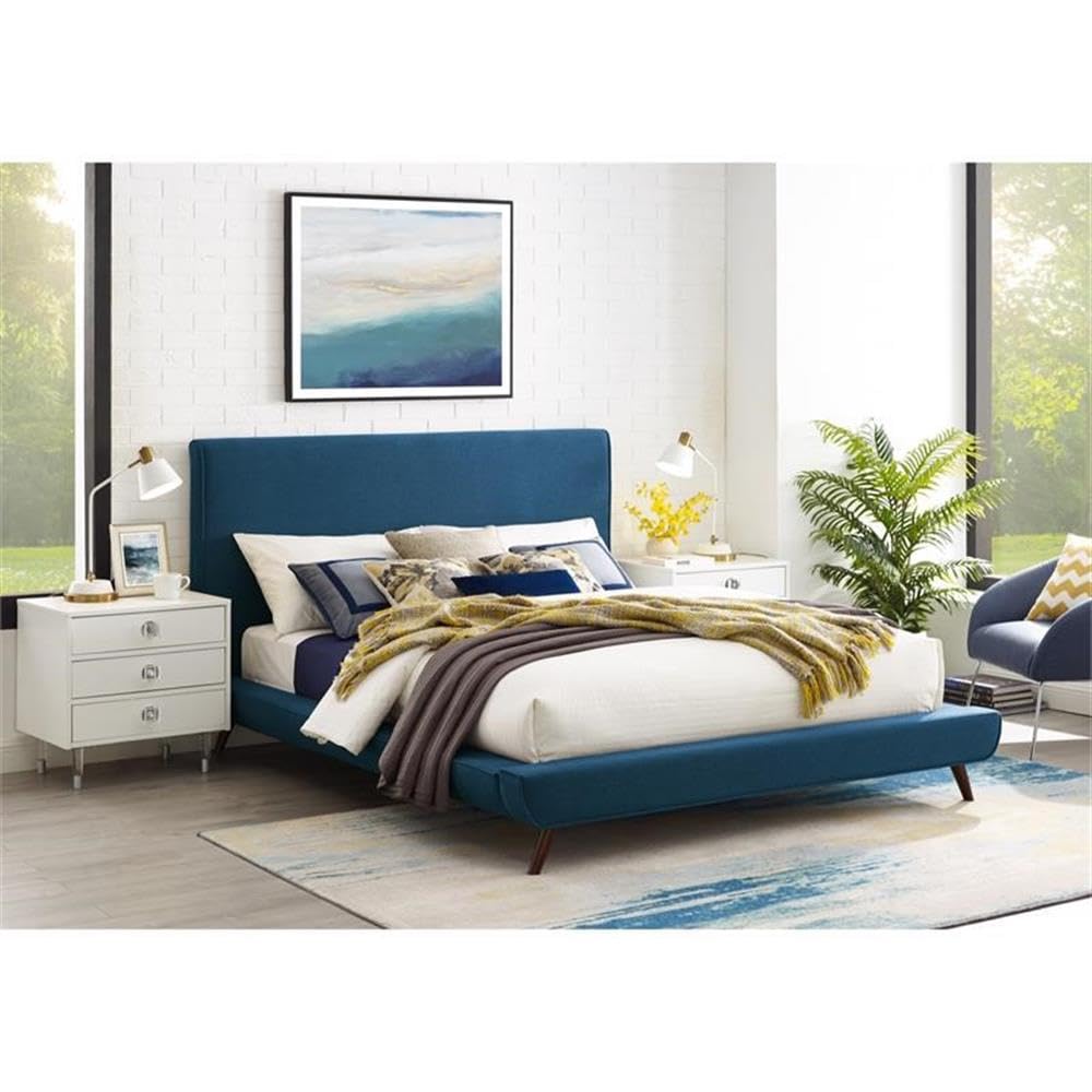 Lyle Beds Queen Size Upholstered Bed Frame with Denim Linen Fabric & Walnut Tapered Legs - Perfect for Modern Bedroom, Guest Room, and Dorm Decor
