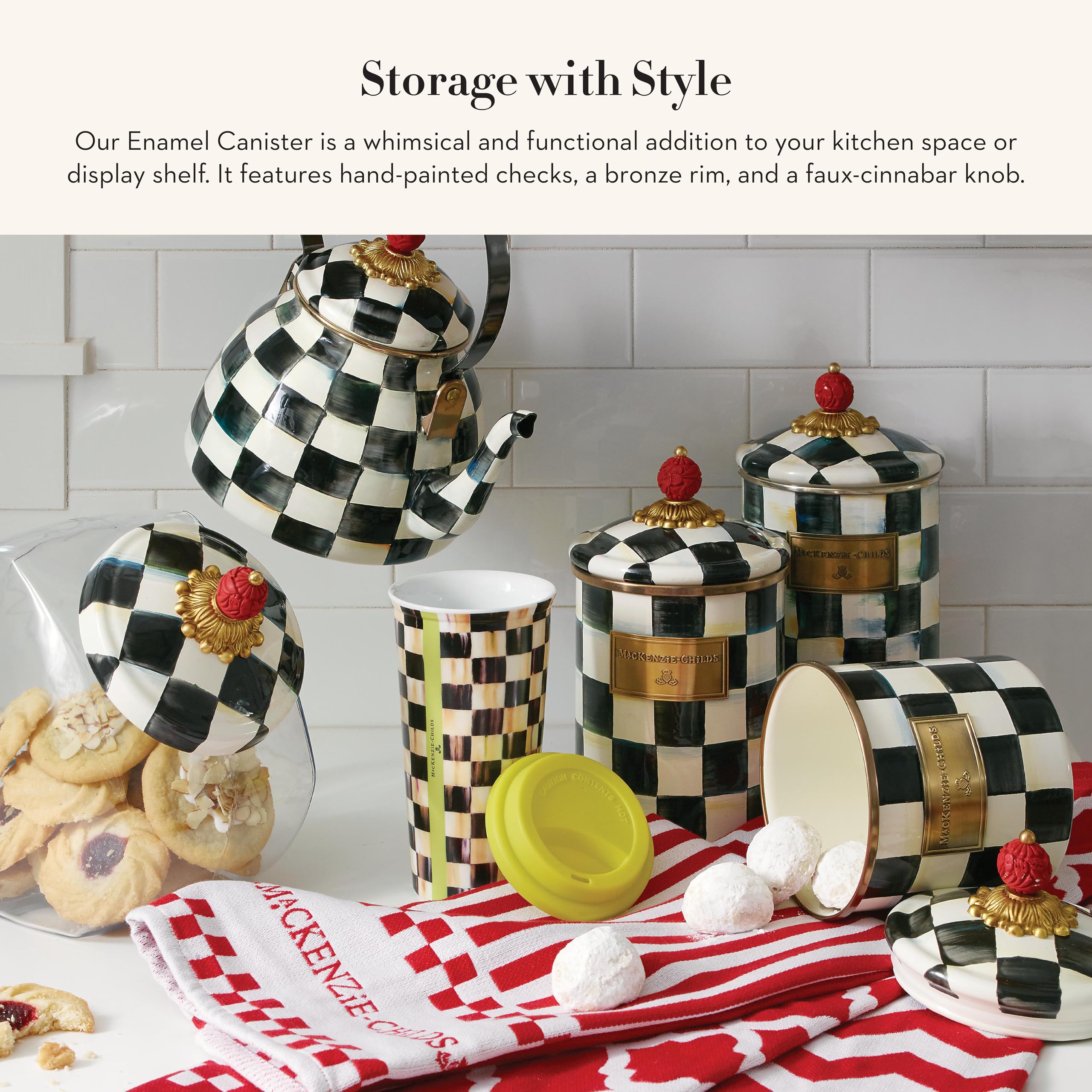 MACKENZIE-CHILDS Large Enamel Canister - 1.89L Kitchen Storage Container for Flour, Sugar, Coffee & Dry Goods - Black & White Courtly Check Design - Perfect for Pantry Organization & Farmhouse Style Kitchens