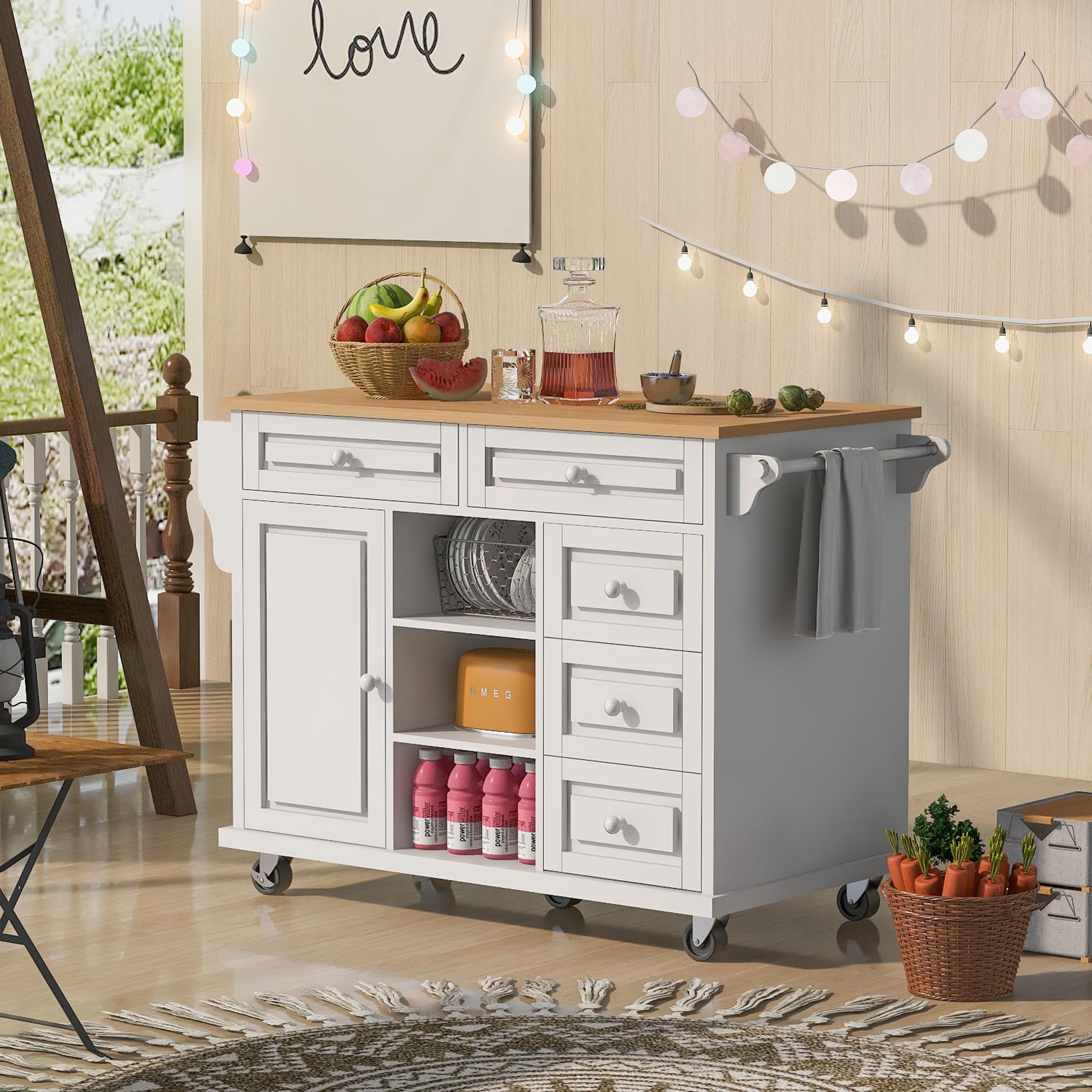White Kitchen Island Cart with Wheels - 5 Drawers & Shelves for Kitchen & Living Room Storage