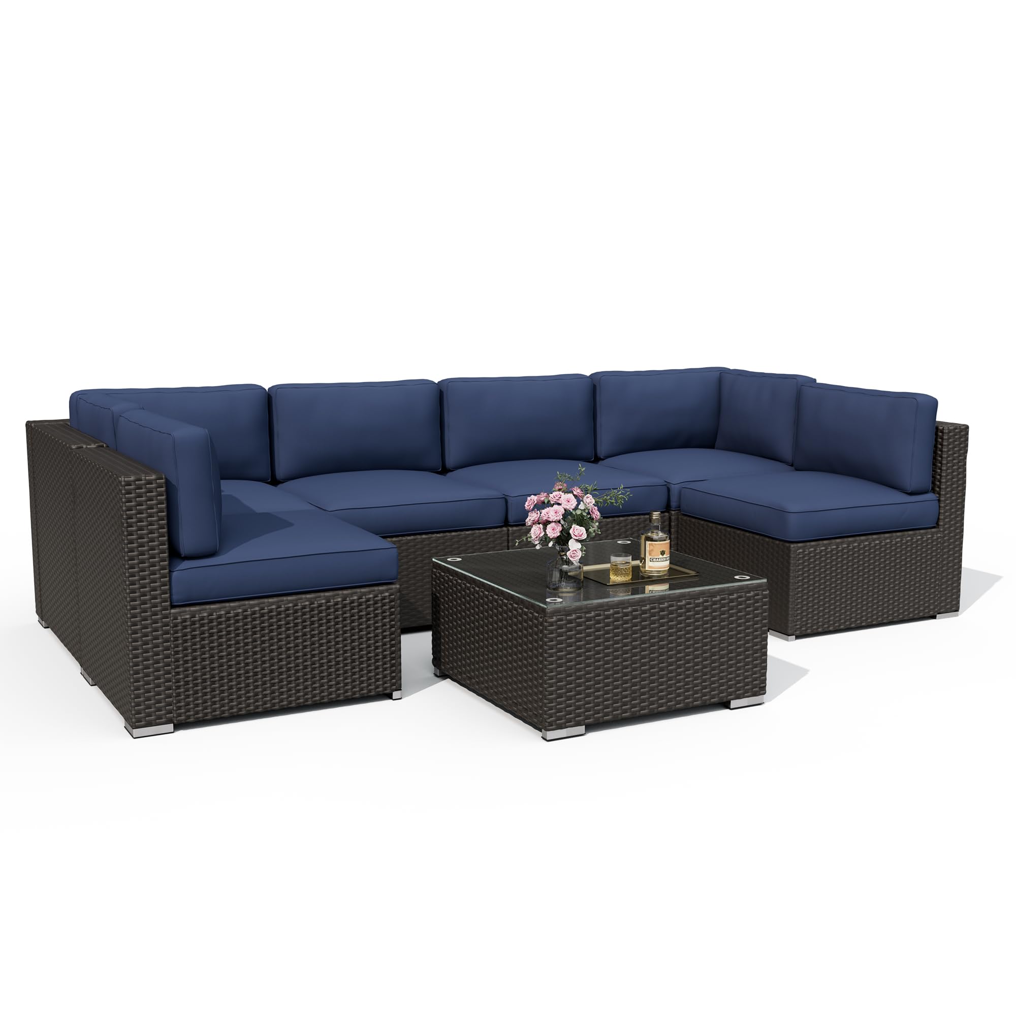 7-Piece All-Weather Outdoor Patio Furniture Set - Dark Blue Rattan Sectional Sofa with Glass Top Table & Removable Cushions - Manual Weaving Wicker Conversation Set for Backyard, Garden, Poolside or Terrace Relaxation