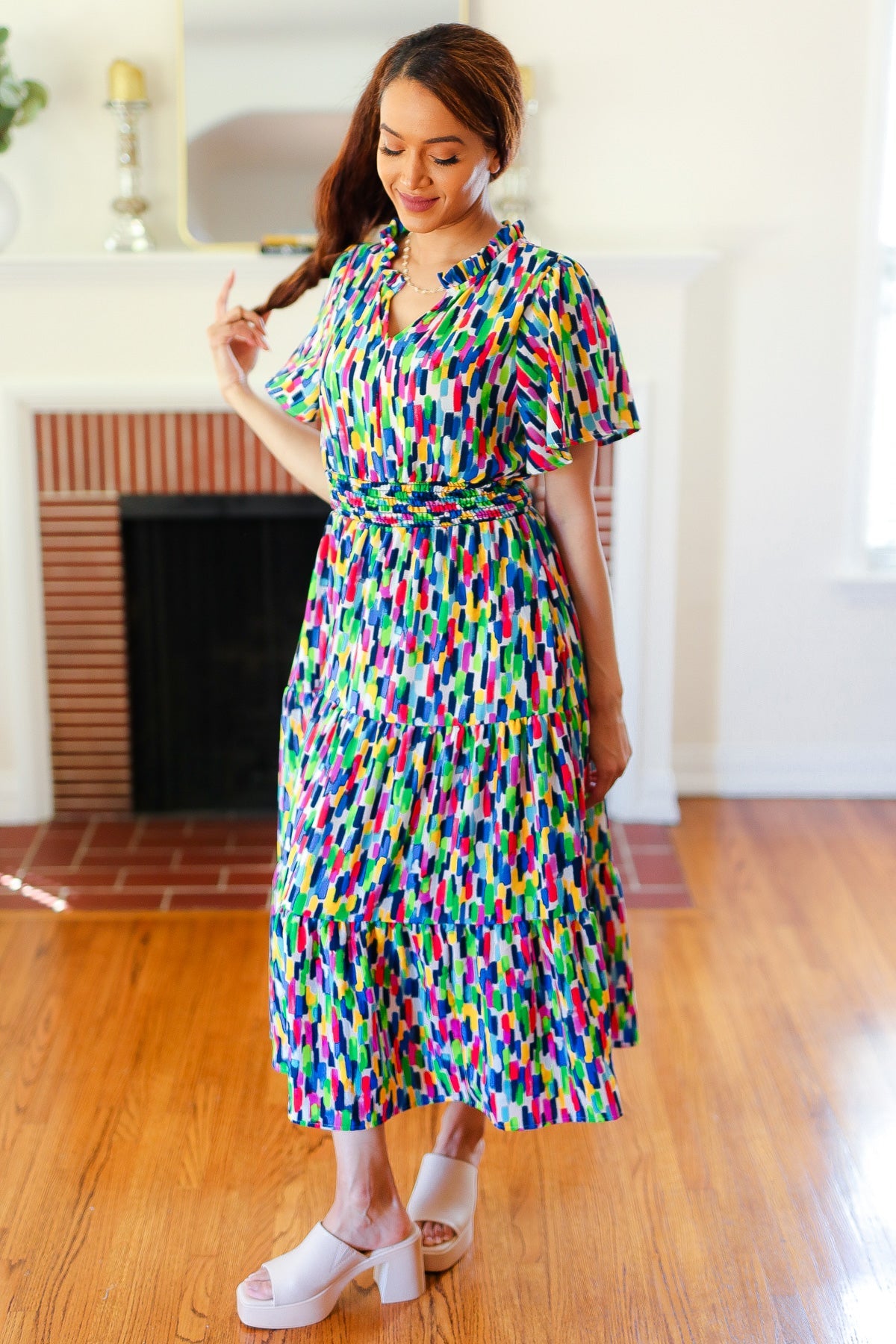 All For You Navy Multicolor Abstract Print Smocked Waist Maxi Dress | Women's Flowy Summer Beach Dress for Vacations & Outdoor Parties