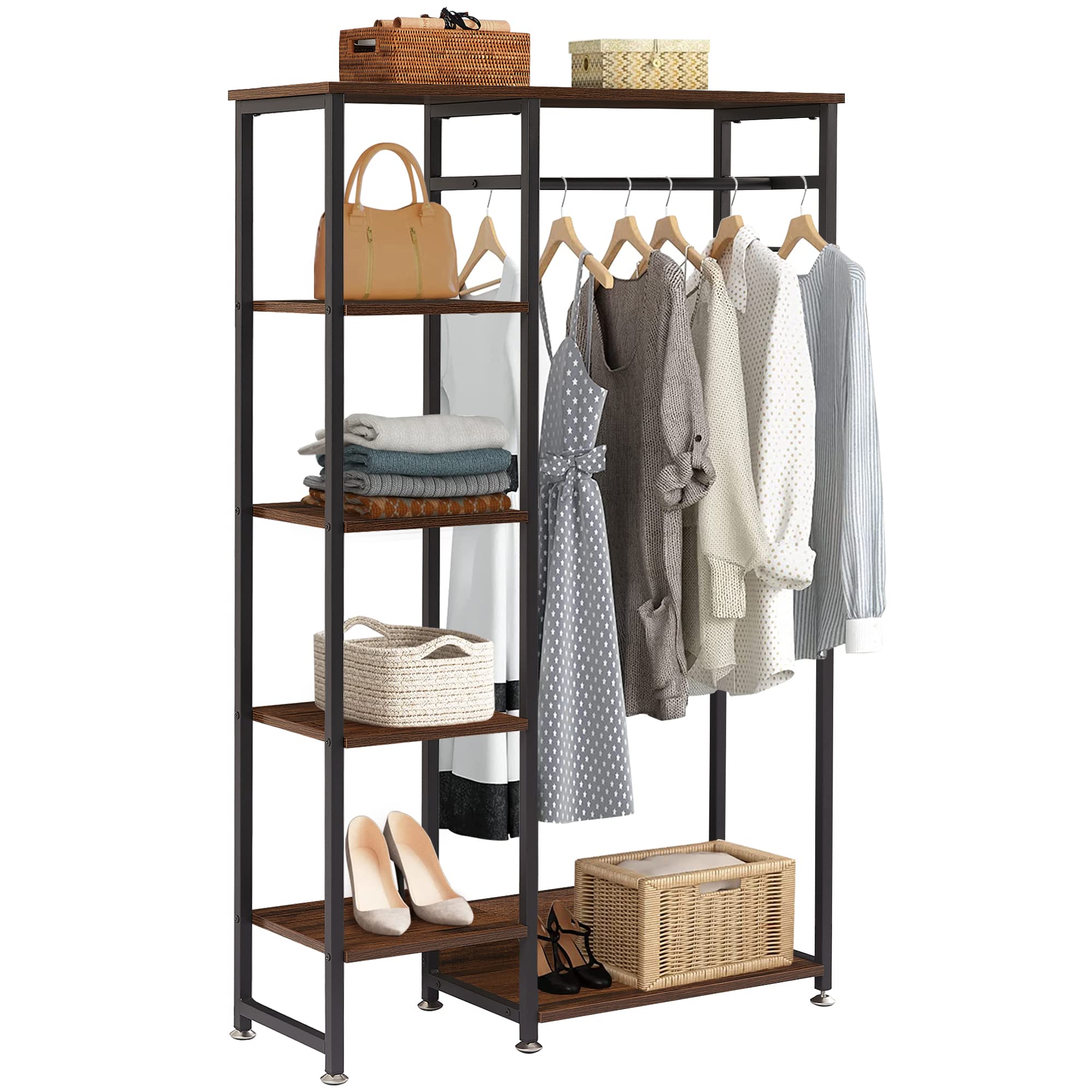 VECELO Heavy Duty Free-Standing Vintage Closet Organizer with Shelves & Hanging Rod - Dark Brown Wardrobe Storage for Bedroom, Clothes & Accessories | Perfect for Small Spaces, Dorm Rooms & Apartment Organization